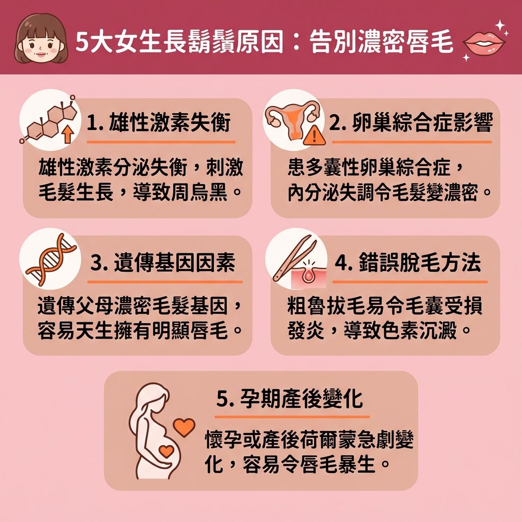 這是一張台灣健康部落格風格的 1:1 正方形資訊圖表,詳細解說女生長鬍鬚原因。圖表探討荷爾蒙變化,如雄性激素過高或雌激素失調,需改善荷爾蒙失調以減少嘴唇周圍的唇毛與面毛(汗毛)。
許多人在尋找去除唇毛方法時,常擔心唇毛越剃越粗。若使用剃刀、脫毛膏、鑷子或忍受蜜蠟脫毛痛楚(使用蜜蠟),甚至使用化學漂白劑,可能引發唇毛漂白副作用或嚴重的拔唇毛後遺症。這些錯誤方式會傷害角質與皮膚,導致毛孔與毛囊受損,引發炎症並積聚黑色素。為解決毛囊發炎並避免毛孔粗大,我們必須選擇安全脫毛工具。
對於敏感肌,最佳的面部脫毛推薦是專業的無痛激光脫毛(如激光脫唇毛)。透過先進的激光技術,能達到理想的永久脫毛效果。許多人搜尋「脫面毛邊間好」,就是為了獲得專業療程,這不僅能舒緩脫毛紅腫,做好脫毛後護理還能修復受損屏障、減少色素沉澱並改善唇邊暗沉,還原白滑美肌。