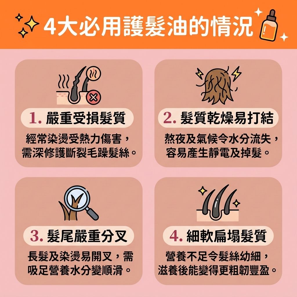 這是一張 1:1 正方形的可愛扁平化向量醫美資訊圖表,教導大眾如何進行【日常頭髮護理】與【鎖水保濕護理】。圖中顯示,使用【洗頭水】並搭配【護髮素】或【髮膜】洗淨【頭皮】後,在【吹頭前護理】使用【護髮油】這類【免沖洗護髮】產品極為重要。
當【髮絲】受到【風筒】的【熱力】傷害,或缺乏【水分】時,【角質層】與【毛鱗片】會受損。使用富含【蛋白質】、【氨基酸】與【維他命】的【摩洛哥堅果油】、【荷荷巴油】、【椰子油】或【橄欖油】,能有效【隔離熱力傷害】並【減少靜電摩擦】(降低【靜電】)。
這些成分能【修復受損髮絲】、【撫平毛鱗片】、【改善頭髮毛躁】並【預防頭髮乾枯】。將其塗抹於【髮尾】,能【深層滋潤頭髮】、【吸收護髮營養】、【減少頭髮開叉】及【防止頭髮斷裂】,完美【解決頭髮打結】。對於【改善髮質變差】,它能【滋養脆弱髮絲】、【提升髮絲彈性】,最終【增加頭髮光澤】,讓您重拾充滿空氣感的【順滑光澤秀髮】!