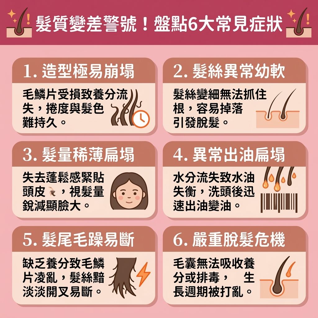 這是一張 1:1 正方形的扁平化向量醫美資訊圖表，教導大家如何進行【日常頭髮護理】與【鎖水保濕護理】。當【髮絲】受到【風筒】的【熱力】、強烈【紫外線】或過度使用【染髮劑】等傷害時，【角質層】與【毛鱗片】會嚴重受損。這不僅會令【水分】、【蛋白質】與【氨基酸】流失，更會引發【皮脂腺】異常，破壞【頭皮】健康，讓人無法【保持水油平衡】。

若缺乏適當保養，會令【髮尾】極度乾燥，最終導致【毛囊】萎縮與異常【脫髮】。為了【解決頭髮開叉】、【改善頭髮乾燥】與【改善頭髮打結】，我們必須積極【補充頭髮營養】以【修復受損髮絲】。

建議採用【正確洗頭方法】，挑選合適的【洗頭水】來【溫和清潔頭皮】。洗淨後，搭配使用【護髮素】、【髮膜】及【護髮油】，能有效【深層滋潤頭髮】並【撫平頭髮毛躁】。這些關鍵的【染燙後續保養】能幫助【隔離環境傷害】與【減少熱力傷害】，進一步【防止頭髮斷裂】並【強健脆弱髮根】（保護【髮根】）。只要持之以恆，就能【提升髮絲彈性】、【增加頭髮光澤】，讓你重新擁有一頭健康豐盈的【順滑光澤秀髮】！