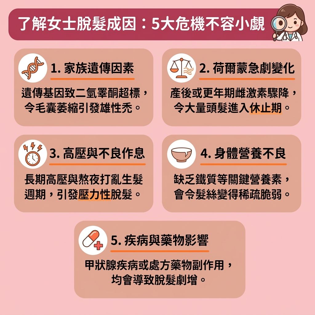 這是一張台灣健康部落格風格的 1:1 正方形資訊圖表，詳細解析了五大女士脫髮原因。面對女性脫髮治療方法，必須先了解脫髮根源。若因遺傳導致雄性禿，需尋求女性雄性禿治療。而產後脫髮（如產後嚴重甩頭髮）與更年期的荷爾蒙失調脫髮，多因體內荷爾蒙與雌激素驟變，若不知更年期掉髮看哪科，應優先尋找看脫髮醫生推薦，讓皮膚科醫生看脫髮。壓力會引發毛髮生長週期異常（即毛髮生長週期失調），導致休止期脫髮，針對壓力型脫髮解決，需促進頭皮的血液循環。當身體營養不良時，補充鐵質改善脫髮（攝取鐵質）至關重要。圖表也提醒防範頭皮發炎導致脫髮，日常可搭配合適的防脫髮洗頭水推介。若懷疑是甲狀腺問題需進行甲狀腺脫髮治療，或因處方藥物與自身免疫引起斑禿，應由專科醫生診斷脫髮（如專業皮膚科醫生）。除了嘗試脫髮中醫調理，更建議進行專業的頭皮毛囊檢測，以醫療外用藥米諾地爾、度身訂造的女士防脫髮療程、活髮療程或醫療級生髮療程來拯救萎縮的毛囊，全面改善頭髮稀疏問題。