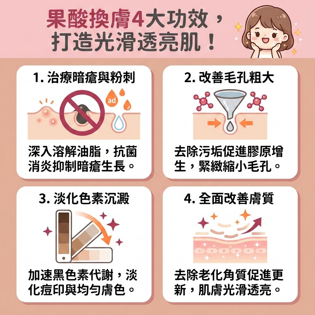 這是一張台灣健康部落格風格的正方形醫美資訊圖表，詳細介紹醫學美容中的果酸換膚療程功效。圖表以可愛的插畫呈現，教導大家如何去除老廢角質與深層清潔皮膚。

當皮脂腺分泌過多油脂，加上角質層過厚，容易導致毛孔堵塞，形成黑頭、粉刺及暗瘡。透過水楊酸或杏仁酸等果酸成分，能有效疏通堵塞毛孔、控制油脂分泌並減少黑頭粉刺，達到舒緩紅腫發炎的效果。

圖表指出，果酸能刺激膠原增生，補充膠原蛋白，從而緊緻粗大毛孔。同時能加速黑色素代謝，對抗紫外線傷害，淡化暗瘡印痕並均勻整體膚色，進而提亮暗沉膚色與改善粗糙膚質。這能促進細胞更新，並提升護膚吸收效能（如透明質酸等護膚品）。

對於敏感肌，進行療程時需避免過度刺激，並注重術後保濕防曬，以修復皮膚屏障。若有嚴重肌膚問題，應諮詢專業皮膚科醫生。圖表最後強烈推薦完美醫療的專業項目，包含激光去印療程與皇牌「暗瘡分手療程」，助您解決肌膚煩惱，實現長效預防復發！