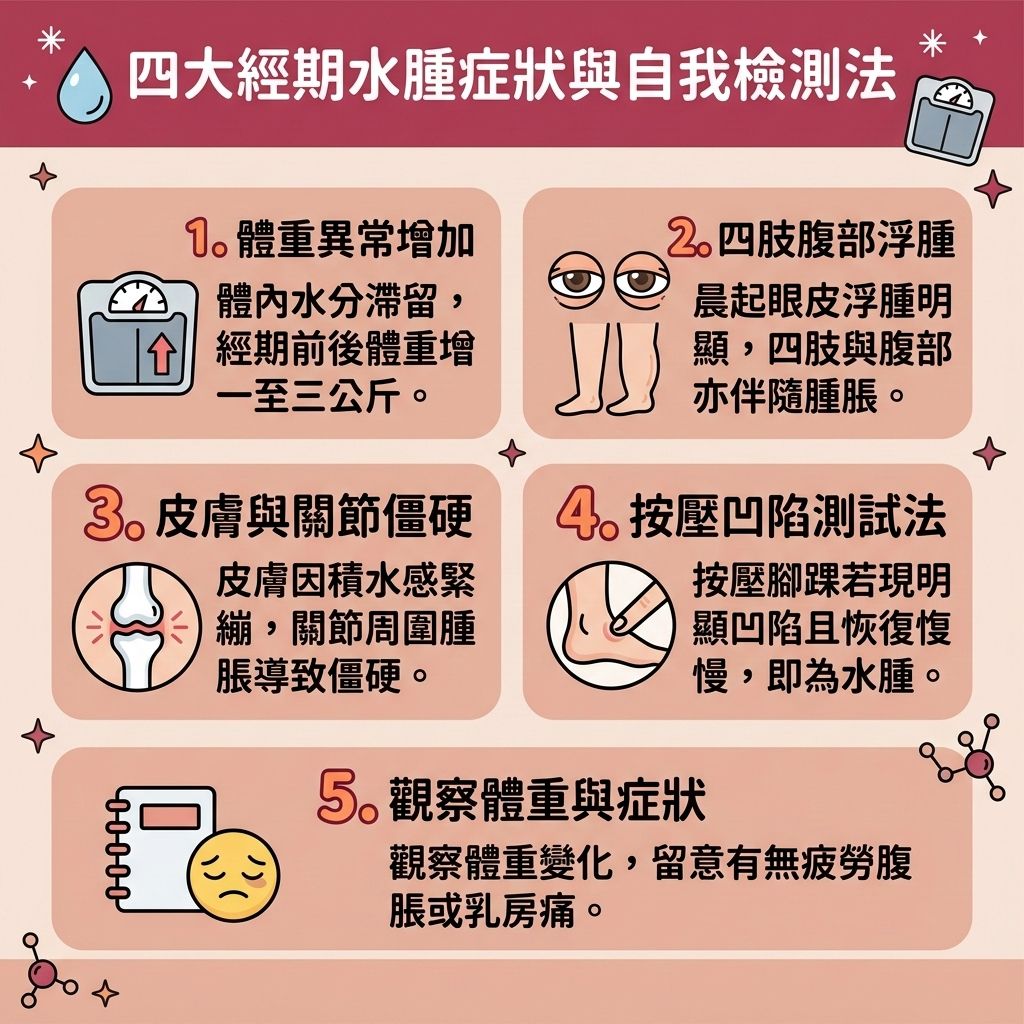 這是一張 1:1 正方形的扁平化向量資訊圖表插畫，嚴格採用台灣健康部落格懶人包風格。圖表以可愛、具教育性與醫美感的方式解析「四大經期水腫症狀與自我檢測法」，底部保持純淨無字並無縫應用背景色。

圖表深入探討女性在經期前因荷爾蒙（如雌激素與黃體素）波動，影響子宮環境並導致嚴重的水分滯留與經前綜合症狀。為了減少水分滯留並消除下肢水腫，必須平衡內分泌系統，促進血液循環以改善整體血液循環。飲食上建議採取高鉀排鈉飲食，攝取豐富的鉀離子並嚴格控制鹽分攝取以減少鈉離子，同時搭配富含蛋白質、碳水化合物與膳食纖維的健康減重餐單，以改善飲食習慣並達到排毒清腸宿便之效。

維持良好的飲食能減少多餘卡路里，提升基礎代謝與整體的基礎代謝率，加速新陳代謝。這不僅能幫助燃燒深層脂肪，擊退脂肪細胞、內臟脂肪與皮下脂肪，更能有效減少脂肪囤積，大幅降低體脂比例與體脂率。只要堅持，就能順利突破減肥停滯期，預防體重反彈，輕鬆打造易瘦體質。

若受局部頑固脂肪困擾，圖表側邊的醫美專欄推薦結合醫學美容的無創減脂技術與局部減脂療程。透過先進的溶脂科技（如S6溶脂修形療程）進行醫美定位修形，全方位雕塑您的健康自信美！