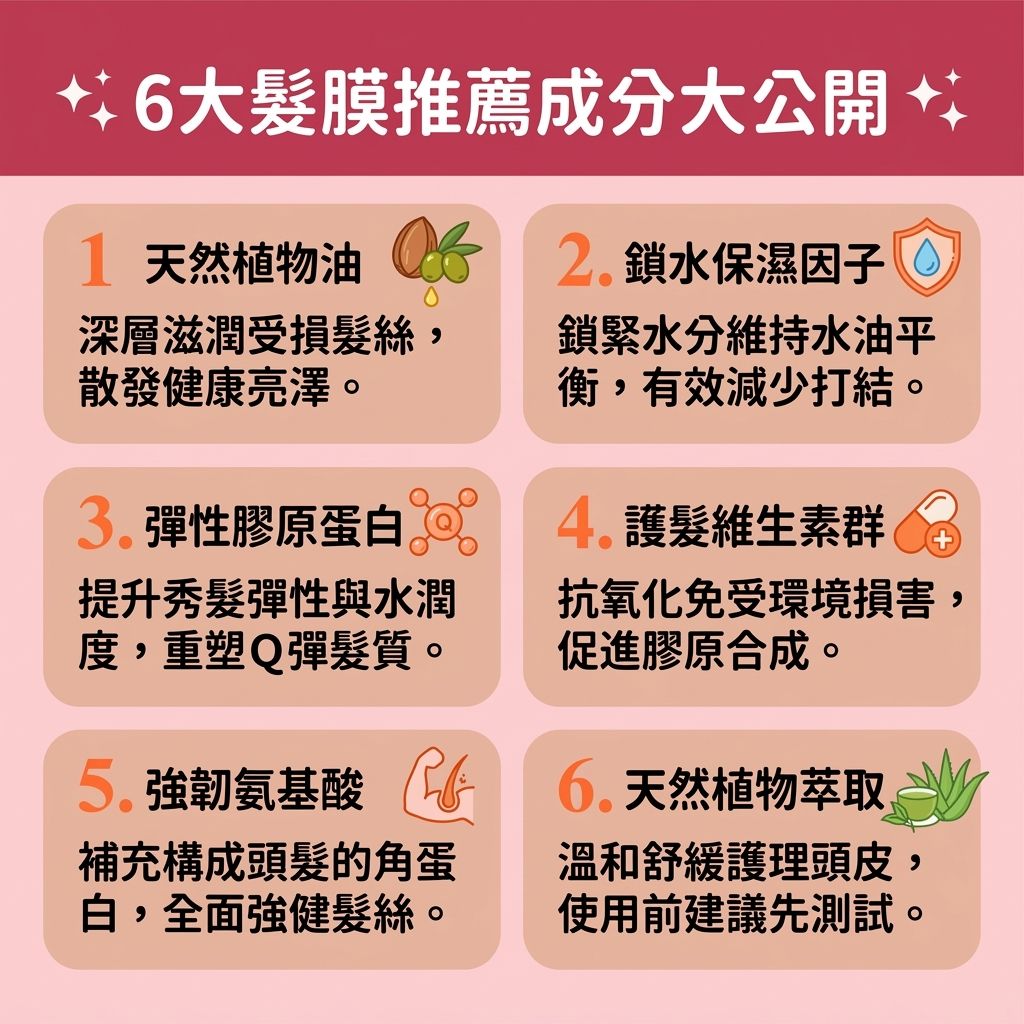 這是一張 1:1 扁平化醫美資訊圖表，教導大家【居家頭髮護理】與【染燙後續保養】。圖中介紹 6 種【髮膜】成分。日常洗髮使用【洗頭水】與【護髮素】後，若【頭皮】的【皮脂腺】分泌過多【頭油】，會堵塞【毛囊】。當【髮絲】受到【紫外線】與風筒【熱力】傷害，會產生【靜電】，破壞【角質層】與【毛鱗片】，流失【水分】、【蛋白質】與【角蛋白】。

要【修復受損髮絲】、【撫平頭髮毛躁】與【解決頭髮開叉】，需在【髮根】至【髮尾】塗抹髮膜或【護髮油】。成分中的【氨基酸】能【深層滋潤頭髮】、【鎖水保濕護理】、【補充頭髮營養】及【改善頭髮乾燥】。這能有效幫助【閉合毛鱗片】、【滋養脆弱髮根】、【減少熱力傷害】並【隔離外界刺激】。

定期護理或進行【專業護髮療程】，能有效【改善細軟髮質】與【改善髮質粗糙】。這有助於【防止頭髮斷裂】、【減少頭髮打結】，大幅【提升髮絲彈性】並【增加頭髮光澤】！