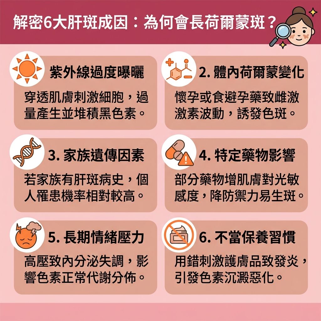 這是一張1:1正方形的台灣健康部落格風格資訊圖表，詳細剖析【肝斑成因】。肝斑又稱【黃褐斑】或【荷爾蒙斑】，當【孕婦】懷孕、服用【避孕藥】或面臨【內分泌失調】時，體內【雌激素】波動會刺激【表皮層】與深層【真皮層】的【黑色素細胞】。若加上強烈【紫外線】侵襲，便會大量產生【黑色素】而形成頑固的【色斑】。

為【阻截黑色素形成】與【預防黑色素沉澱】，必須採取正確的【物理防曬方法】並勤塗【防曬霜】。日常可選用含【維他命】、【傳明酸】或【熊果素】的【護膚品】，幫助【抵抗自由基】、【抑制酪氨酸酶】、【修復受損肌膚】與【促進新陳代謝】（加速【新陳代謝】）。這能有效【解決色素沉澱】、【改善暗沉肌膚】、【改善膚色不均】，達到【提亮膚色】與【均勻膚色】的目的。

若想徹底【淡化肝斑】與【去除荷爾蒙斑】，許多人會尋求專業診所的【去斑療程推薦】。現時先進的【皮秒激光】技術能精準【擊碎深層黑色素】，不僅【激光去斑效果】卓越，光熱效應更能【刺激膠原增生】，補充流失的【膠原蛋白】，讓你重拾健康無瑕的白滑肌膚。