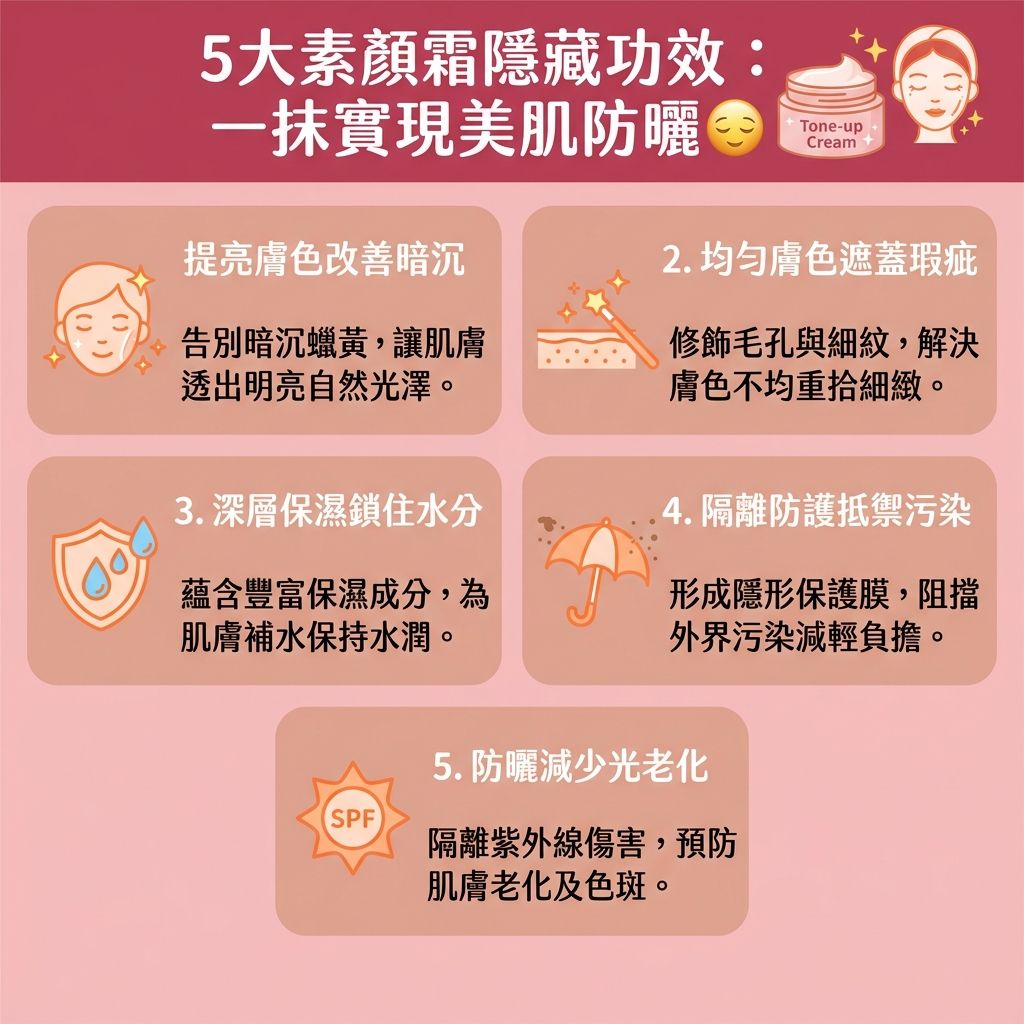 這是一張1:1的台灣健康部落格風格資訊圖表。詳細描述了【素顏霜】的5大功效。作為日常的【護膚品】與【化妝品】，它比傳統的【粉底液】或【隔離霜】更加【輕薄透氣】、【清爽不黏膩】。它能有效【提亮膚色】、【改善暗沉】、【均勻膚色】及【改善膚色不均】，並能完美【修飾毛孔】與【遮蓋瑕疵】。

不僅如此，部分產品蘊含【物理防曬成分】如【二氧化鈦】與【氧化鋅】，具備【防曬霜】的功能。它能作為【物理防曬】（或結合【化學防曬】），為肌膚【阻隔紫外線】的侵害，做好【日常防曬】。這能保護【角質層】、【表皮層】及深層的【真皮層】，有效【預防黑色素沉澱】與【預防色斑形成】，從根源避免【黑色素】聚集成【色斑】、【雀斑】或【太陽斑】，達到【抵禦光老化】及【防止肌膚老化】的效果。

這類產品大多【不阻塞毛孔】且【敏感肌適用】，極度適合作為【妝前打底】，有助於【減少溶妝】。最後提醒，使用後仍需使用專門的【卸妝水】進行徹底的【卸妝清潔】，確保【毛孔】暢通健康。