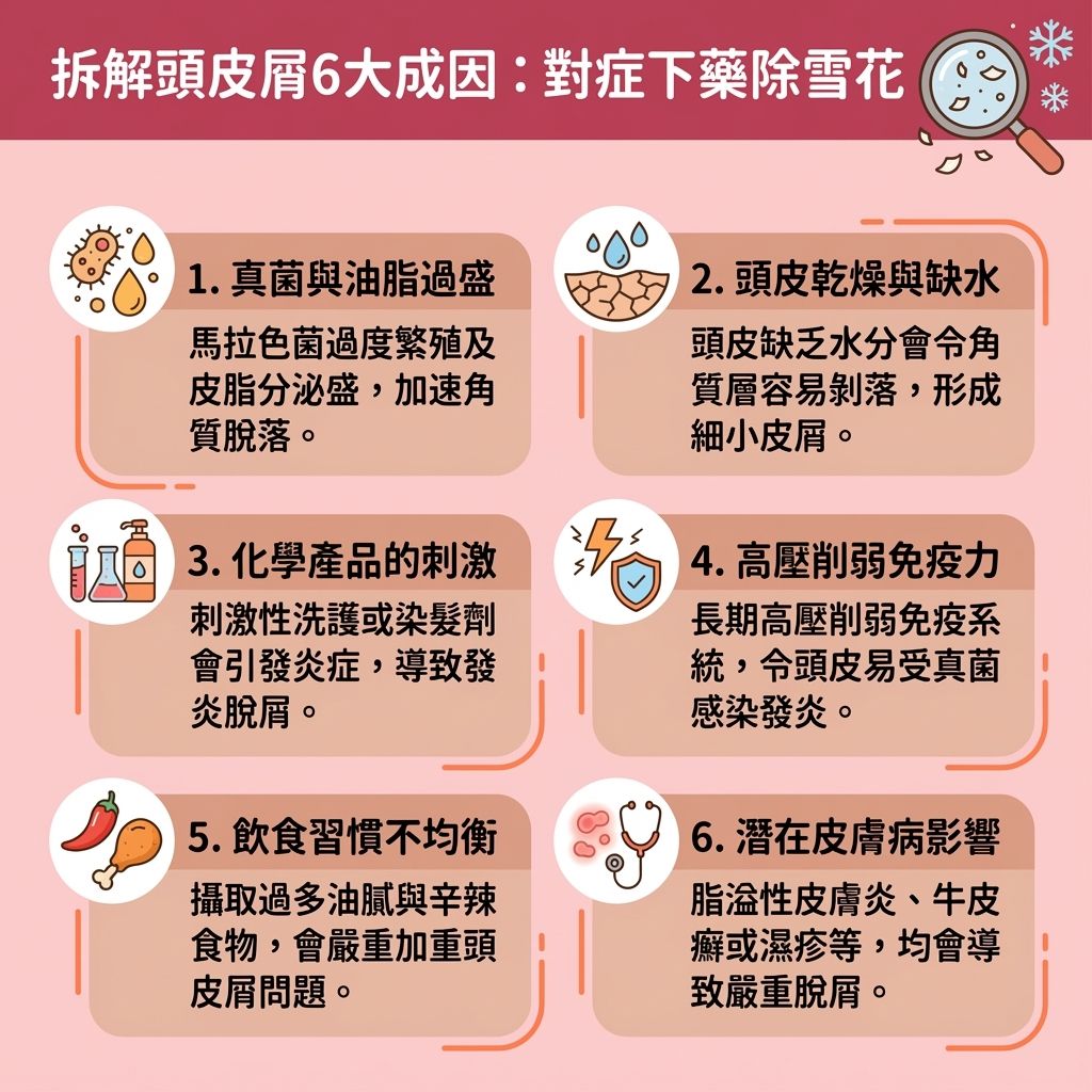 這是一張台灣健康部落格風格的 1:1 正方形資訊圖表,詳細介紹有效控制頭皮屑產生的成分與優質的去頭皮洗頭水推介。現代人常因壓力、荷爾蒙變化與新陳代謝變慢,導致免疫系統變弱,促使皮脂腺分泌過多油脂並改變頭皮的酸鹼度。當細菌與真菌過度滋生,會引發炎症,破壞角質層並產生大量頭皮屑,甚至影響毛囊導致脫髮。
為了尋找最佳的頭皮痕癢解決方法,我們需要進行頭皮深層清潔與去除頭皮角質。挑選具備抗菌去屑配方的洗頭水(例如含有水楊酸、焦油或酮康唑成分的抗真菌洗髮露,或是參考無矽洗頭水推薦),能幫助減少頭皮出油、平衡油脂分泌,並達致深層淨化毛囊。這不僅是預防毛囊發炎與舒緩紅腫發炎的關鍵步驟,更能改善頭皮發炎及舒緩頭皮敏感。配合專業的頭皮護理療程及防脫髮去屑護理,可進一步改善乾燥脫屑並調理頭皮健康。若懷疑需要進行專業的治療脂溢性皮炎,建議及早諮詢醫生以獲得最佳指導。