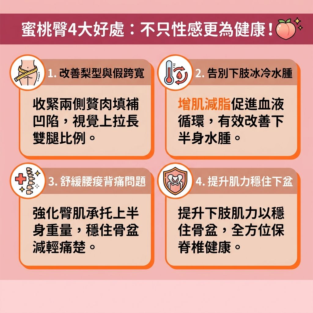 這是一張1:1正方形的台灣健康部落格風格資訊圖表，介紹如何【練成蜜桃臀】及【收緊臀部線條】。許多女性（包含【產婦】）因久坐或缺乏運動，導致【脂肪】囤積於【大腿】與臀部，形成【假肚腩】並需要【改善假跨寬】。為了【塑造葫蘆身型】與【提升臀部輪廓】，必須針對【臀大肌】、【臀中肌】與【臀小肌】進行訓練。

日常可透過【深蹲】、【臀橋】等動作，配合【啞鈴】或【彈力帶】，消耗【卡路里】並【提升基礎代謝】。這不僅能【強化核心肌群】與【核心肌肉】，保護【關節】與【骨盆】，更能【預防骨盆前傾】、【舒緩腰背痛楚】及【提升下肢力量】。充足的【蛋白質】與平衡的【雌激素】也有助於生成【肌肉】。運動能【促進血液循環】，有效【改善下半身水腫】與【緊緻大腿內側】。

對於希望【產後修身】的女性，除了鍛鍊，亦可考慮【增肌減脂療程】或【無創修身療程】。利用先進的【電磁波】技術深入【刺激肌肉收縮】，幫助【消除頑固脂肪】，同時【修復腹直肌】及【改善產後肚皮鬆弛】（針對突出的【腹直肌】），達到全方位的健康與美麗。