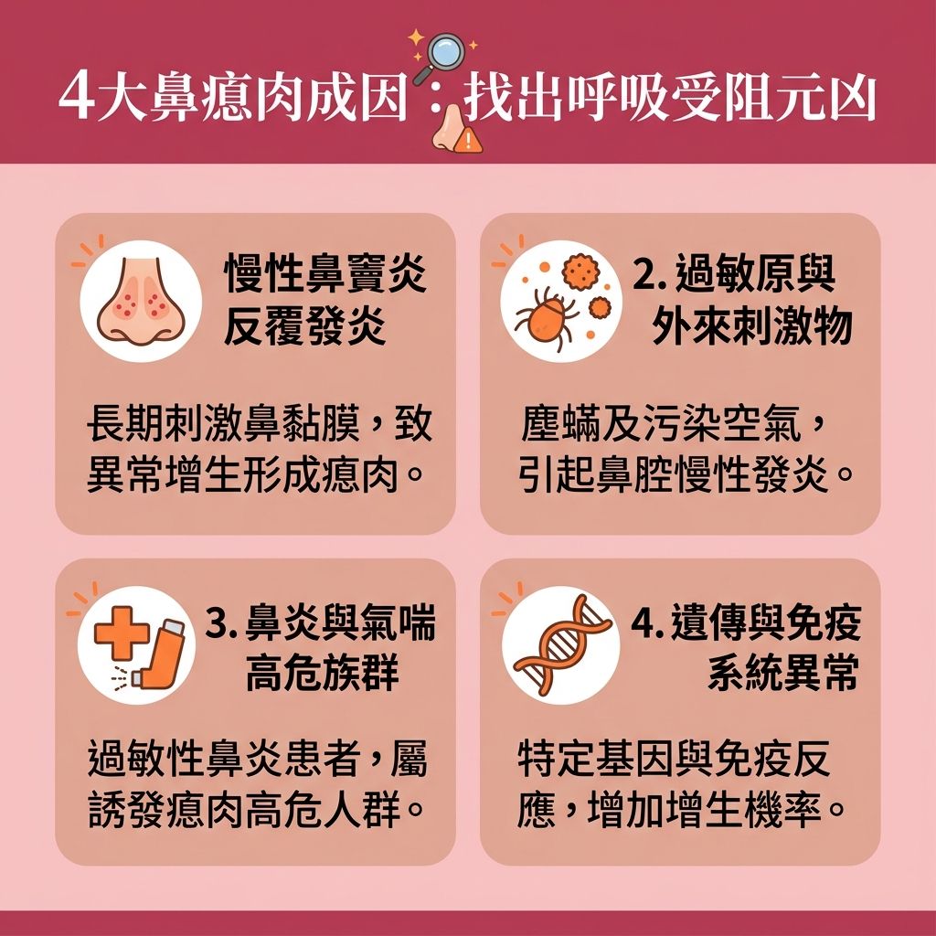 這是一張台灣健康部落格風格的 1:1 正方形扁平化資訊圖表,詳細圖解四大【鼻瘜肉成因】。圖中解析了當【鼻竇】與【鼻腔】內的【黏膜】長期受到刺激,會導致【鼻黏膜腫脹】與異常【組織】增生,最終形成【鼻瘜肉】。常見的【鼻瘜肉症狀】包括嚴重的【鼻塞】、長期的【鼻竇炎】與【鼻敏感】發作,並伴隨【鼻水】狂流及【鼻腔分泌物增多】。這些問題往往是【嗅覺減退原因】(影響【嗅覺】),並導致整個【呼吸道】受阻。
為了【舒緩鼻敏感症狀】與尋求【解決鼻塞方法】,患者應重視【鼻竇炎治療】並學會【預防鼻瘜肉】。若瘜肉過大阻塞氣道,不僅會引發嚴重的【鼻鼾】,更可能演變成【睡眠窒息症】。這不僅需要及早【解決打鼻鼾】以【降低鼻鼾頻率】並【改善睡眠質素】,更要及時【改善呼吸道阻塞】與【改善用口呼吸】。
圖表建議,患者應盡早前往專業的【耳鼻喉科】【診所】,尋求專科【醫生】進行【耳鼻喉科專科診斷】及詳細的【鼻內視鏡檢查】(透過【內視鏡】觀察)。在治療方面,初期可考慮使用【類固醇】(如【類固醇噴鼻劑】);若病情嚴重或擔心【鼻瘜肉復發】,則需進行【切除鼻瘜肉手術】。現今先進的【鼻瘜肉微創手術】(【微創】【手術】)能安全有效地清除瘜肉,幫助患者重拾暢通呼吸。