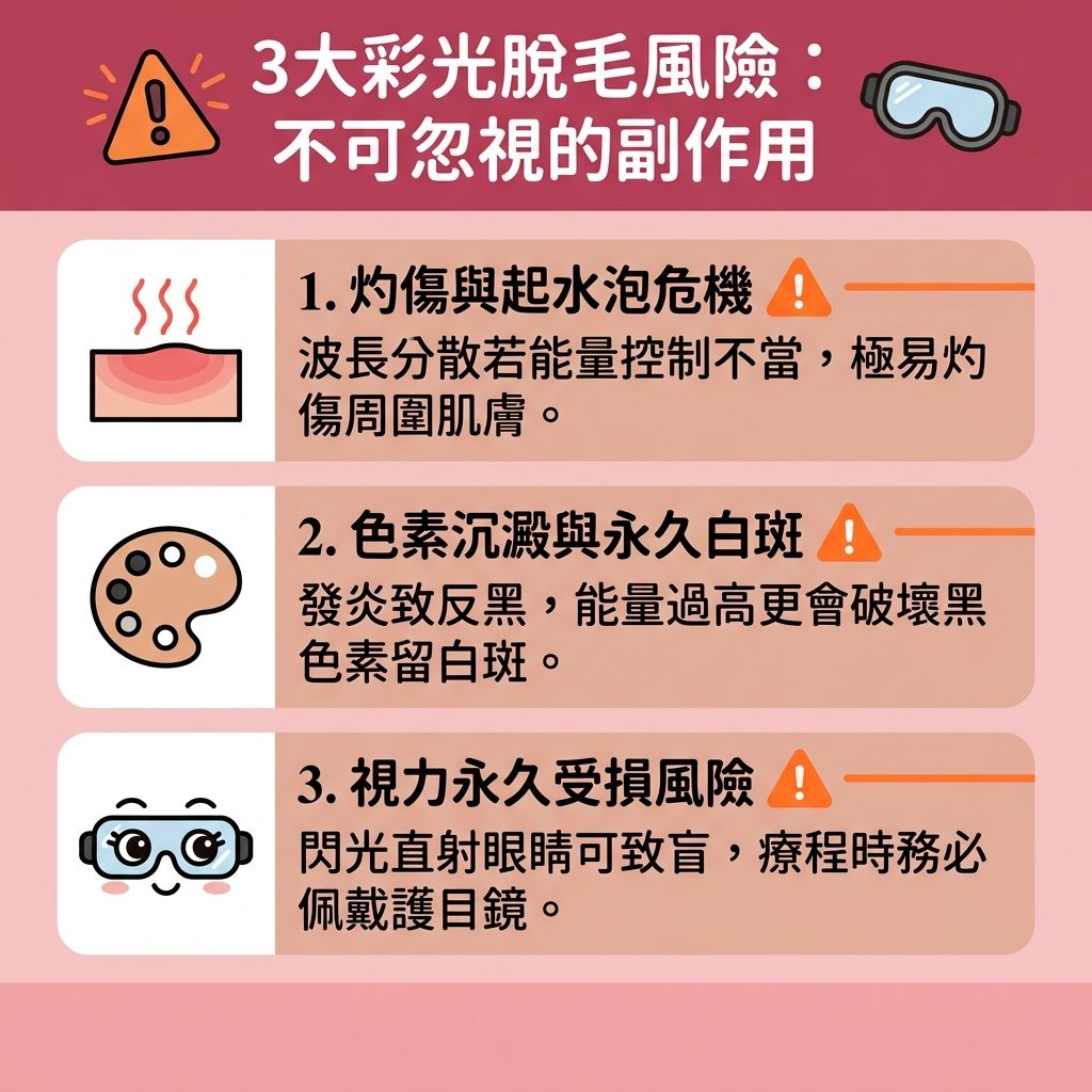 這是一張台灣健康部落格風格的 1:1 正方形向量資訊圖表，詳細解析彩光脫毛缺點及副作用風險。許多人想了解彩光激光分別與家用脫毛機比較，其實彩光與激光的波長及光學原理大不相同。彩光光束較分散，若能量調校不當，無法精準對準毛囊中的黑色素，會牽連周邊的皮膚與表皮，引發痛楚、紅腫甚至炎症。

圖表強調避免皮膚灼傷與解決毛囊發炎的重要性。為了減少色素沉澱及防止毛孔與角質受損，必須注意正確的光學脫毛用法。特別是敏感肌進行療程時，若無專業醫生指導，錯誤操作會破壞肌膚。處理臉部時更有嚴格的面部脫毛注意事項，需防範強烈閃光直射眼睛。

為達理想的彩光脫毛效果，需配合毛髮生長週期控制彩光脫毛次數，以正確破壞毛囊組織、抑制毛髮生長及改善毛髮倒生。若追求安全脫毛方法與永久脫毛推薦，具備冰感技術的無痛脫毛療程能有效舒緩脫毛紅腫。最後，圖表提醒做好脫毛前後護理，這不僅能幫助收細粗大毛孔，更能保護肌膚免受長期傷害，讓毛髮不再成為困擾。
