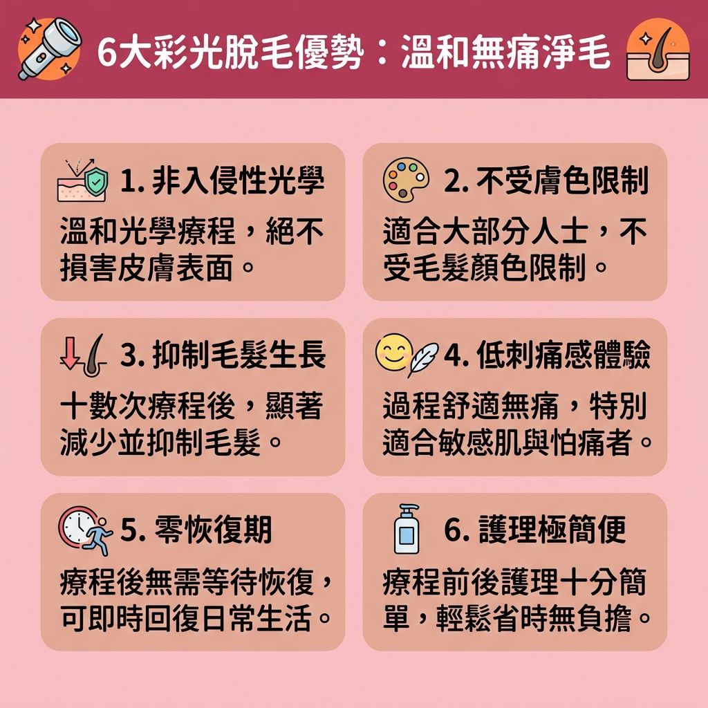 這是一張台灣健康部落格風格的 1:1 正方形資訊圖表，深入解析彩光脫毛的好處，並教導讀者了解彩光激光分別。許多人在搜尋家用脫毛機比較時，會關注彩光脫毛效果與彩光脫毛缺點。圖表指出，彩光屬於一種光學技術，利用特定波長與溫和的能量，透過閃光穿透表皮，針對毛髮根部的黑色素進行作用，逐步破壞毛囊組織，以配合毛髮生長週期來達到抑制毛髮生長的目的。

這是一種非常安全脫毛方法，能有效避免皮膚灼傷並減少痛楚。對於敏感肌而言，搭配冰感技術的無痛脫毛療程能大幅舒緩脫毛紅腫，避免紅腫與炎症，這有助於解決毛囊發炎並減少色素沉澱。正確掌握光學脫毛用法，不僅能保護皮膚與角質，還能改善毛髮倒生並收細粗大毛孔，讓毛孔更緊緻。

圖表提醒，無論是身體還是面部脫毛注意事項，進行足夠的彩光脫毛次數與療程是關鍵。做好脫毛前後護理，便能輕鬆維持平滑肌膚。若追求更極致的永久脫毛推薦，則可諮詢專業醫生關於激光深入毛囊的療程。