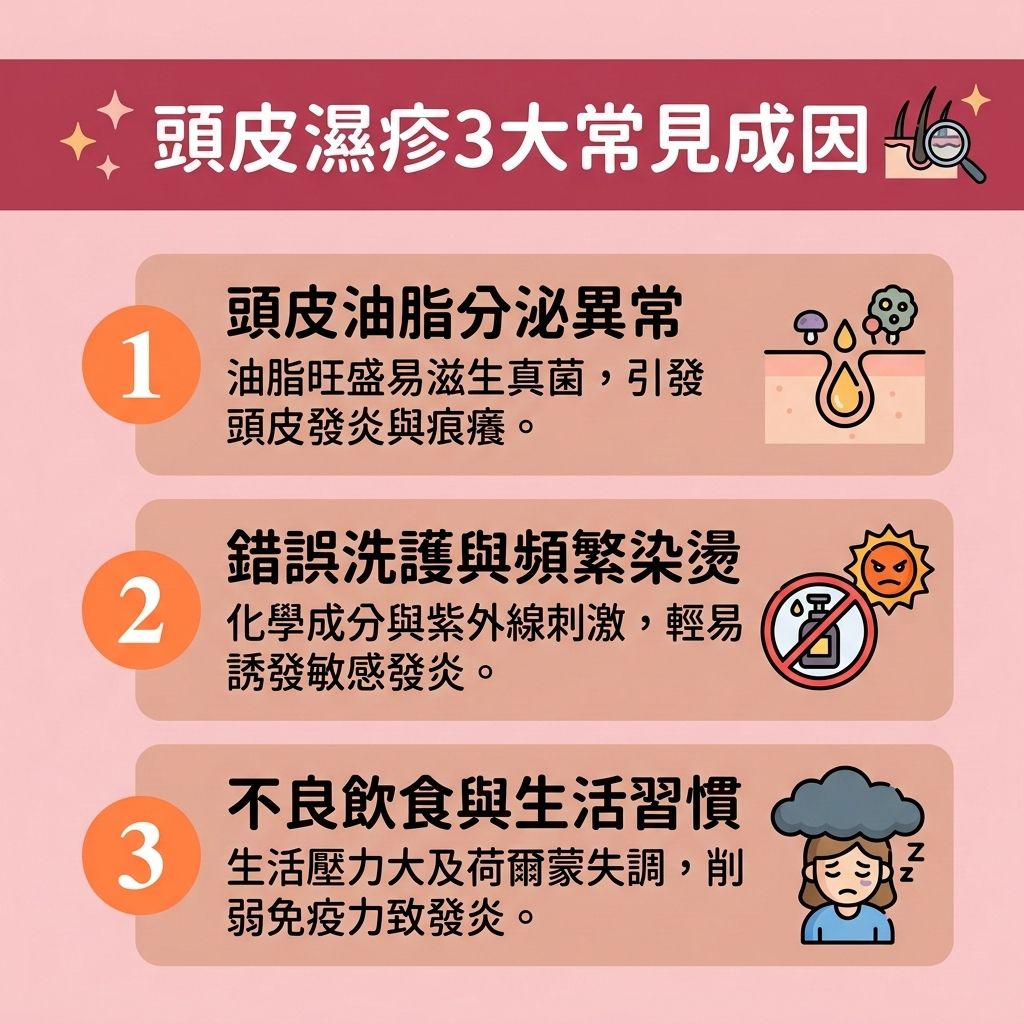 這是一張 1:1 正方形的可愛扁平化向量資訊圖表插畫，採用台灣健康部落格風格，詳細解析【頭皮濕疹】與【脂溢性皮炎】的成因。當【頭皮】的【皮脂腺】出現異常的【頭皮油脂分泌】，容易滋生【馬拉色菌】，破壞脆弱的【角質層】，引發【頭皮敏感痕癢】與產生大量【頭皮屑】。此時必須及時【抑制真菌感染】並【解決毛孔堵塞】，否則極易導致嚴重的【毛囊炎】與【脫髮】。

不良的【日常頭皮護理】或缺乏【溫和清潔頭皮】與【頭皮深層清潔】，加上【免疫系統】低落或【荷爾蒙】失調，都會惡化情況。若同時受【雙氫睪酮】影響，更會引發【雄性禿】，成為【髮線後移成因】，導致【髮線】退縮與產生【改善頭頂稀疏】的需求。為落實【預防脫髮方法】與進行【脂溢性脫髮治療】，醫學建議及早【舒緩頭皮紅腫】與【改善頭皮環境】，必要時由醫生處方使用【抗生素】或外塗含【類固醇】等成分的【外用消炎藥物】。