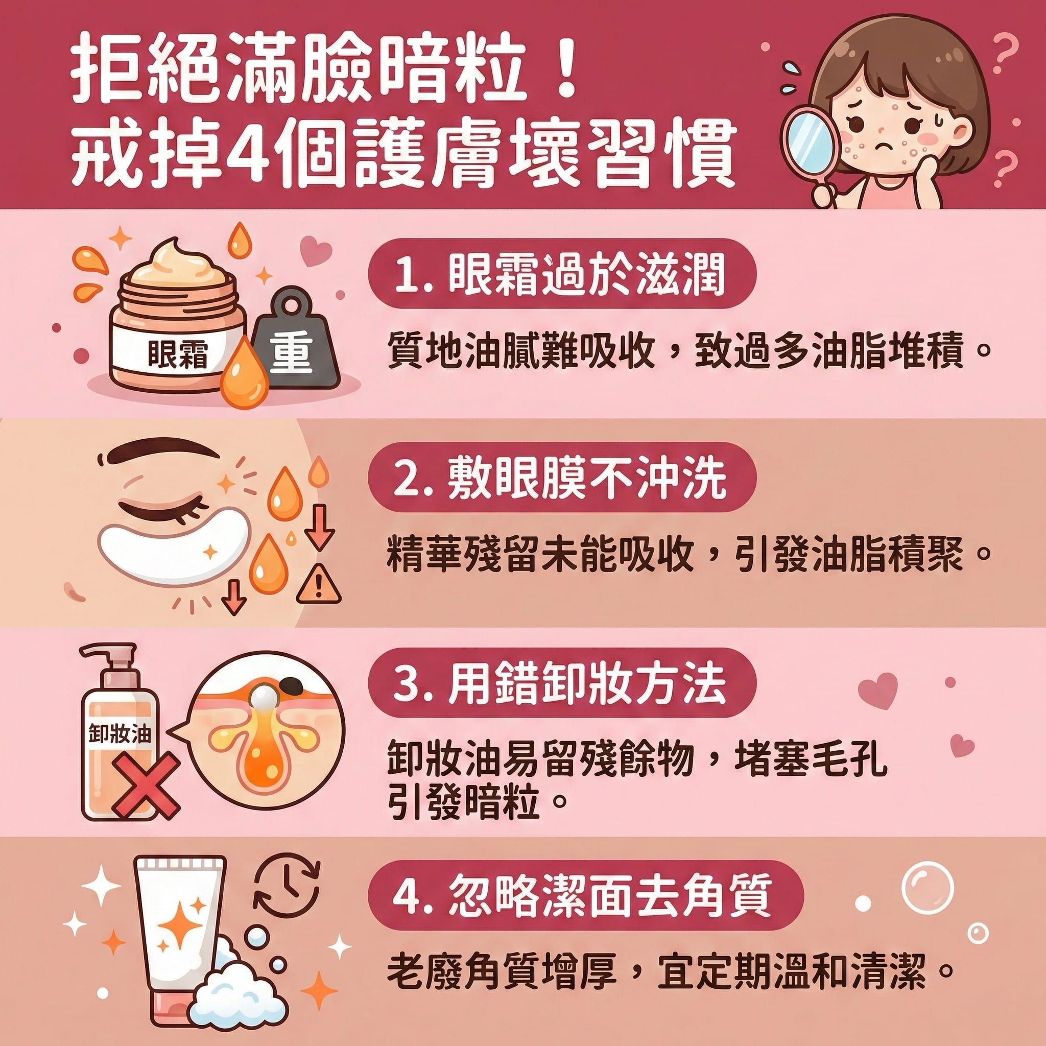 這是一張正方形的可愛扁平化醫美資訊圖表，教導大家如何預防暗粒與粉刺。圖表上方顯示，受荷爾蒙影響，皮脂腺容易分泌過多油脂，若在額頭與下巴等部位積聚，加上角質層增厚與死皮堆積，便會導致毛孔堵塞，甚至滋生痤瘡桿菌，惡化成暗瘡與黑頭。

圖表列出四個壞習慣，並建議敏感肌也應注意的正確護膚法。首先，需徹底卸妝，避免全臉錯誤使用卸妝油。其次，應使用潔面乳進行深層清潔，以減少皮脂分泌與抑制油脂分泌。此外，定期使用含水楊酸或果酸的產品來溫和去角質與軟化角質細胞，能有效溶解角質、疏通毛孔及防止毛孔堵塞。

日常護理需清爽控油以維持水油平衡，並避免擠壓以預防發炎與舒緩紅腫。若能做到消炎殺菌與促進新陳代謝，便能收細毛孔與改善粗糙膚質。為了淡化暗瘡印並長效預防復發，圖表強烈推薦體驗完美醫療的專業暗瘡分手療程，重拾平滑健康肌膚。