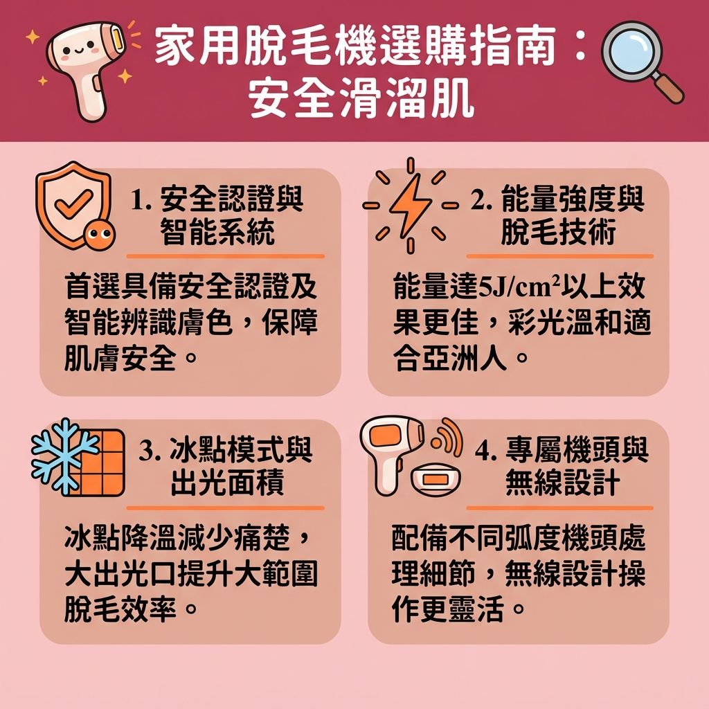 這是一張台灣健康部落格風格的 1:1 正方形資訊圖表，教導大家如何挑選合適的家用脫毛機。許多人為了方便，常使用剃刀（刮毛刀）、脫毛膏或蜜蠟來處理毛髮，但若忽略了剃毛正確步驟與定期進行剃毛刀片更換，很容易產生剃毛後遺症，例如弄傷皮膚與角質，導致炎症、紅腫，甚至引發舒緩剃毛紅腫與解決毛囊發炎的困擾。錯誤的順毛逆毛剃法也會讓人產生剃毛越剃越粗的錯覺，並造成預防毛孔粗大及改善毛髮倒生的難題。

為避免皮膚刮傷並減少色素沉澱（防止黑色素累積），家用脫毛機提供了另一種選擇。挑選時，無論是處理腋下、小腿、汗毛或進行私密處剃毛注意，都應留意機器是否適合敏感肌（尋找敏感肌脫毛方法）。選購時應注意機器的能量是否足以對付毛囊，以及是否需要專業醫生推薦的技術。

雖然家用機方便，但要達到理想的永久脫毛效果，許多人還是會選擇專業的激光脫毛推薦（激光療程）。無論使用哪種方法，剃毛前後護理都不可少。事前溫和去角質，事後塗抹潤膚霜來滋潤保濕皮膚，能有效舒緩痕癢不適，並幫助收細粗大毛孔（縮小面毛與身體的毛孔），還你白滑美肌。
