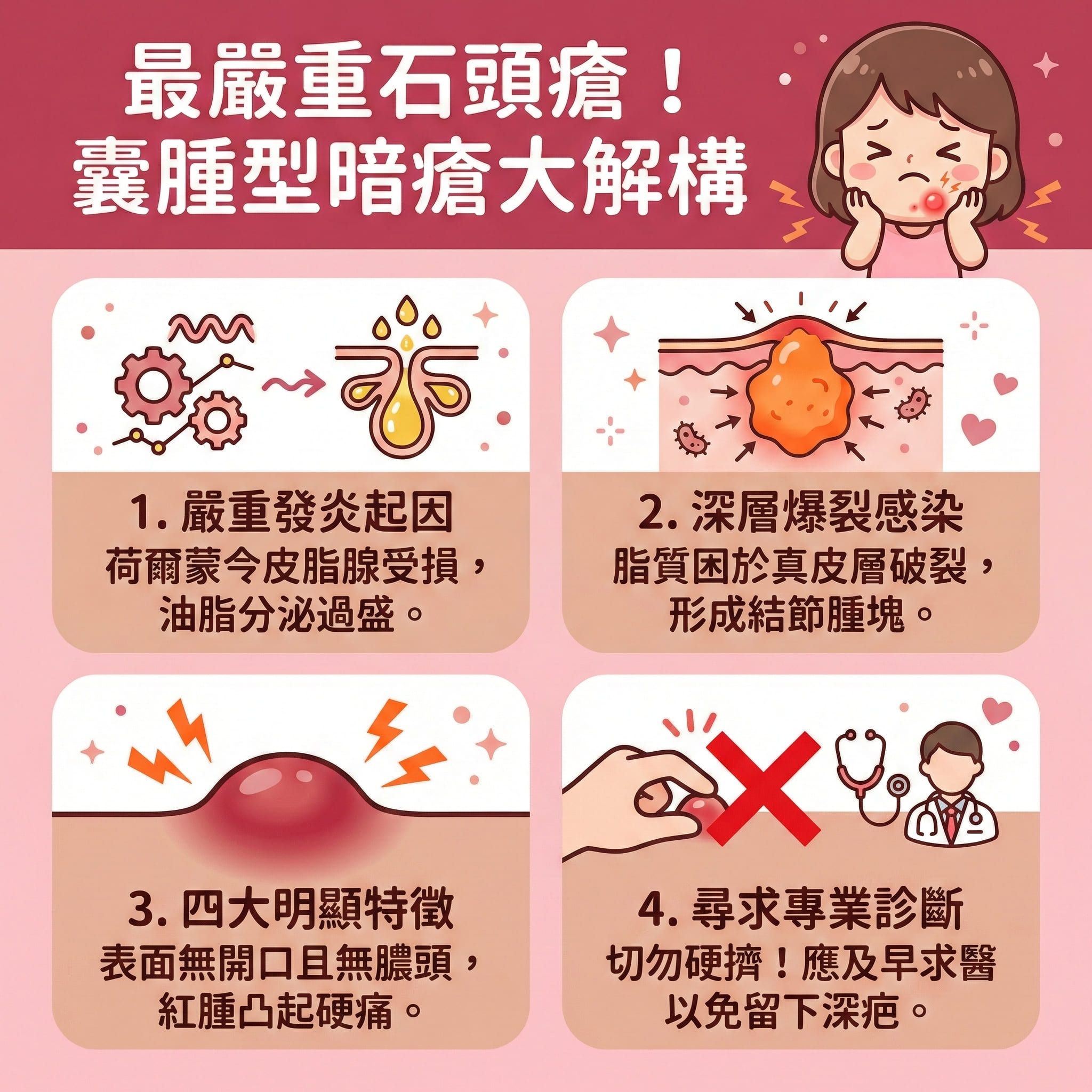 這是一張正方形的可愛扁平化醫學美容資訊圖表，深入分析最嚴重的囊腫型暗瘡（俗稱石頭瘡）。圖表指出，當荷爾蒙與內分泌失調時，會刺激皮脂腺異常活躍。若未能做好徹底卸妝與溫和潔面，過厚的角質層會導致毛囊與毛孔堵塞，令油脂無法排出。加上痤瘡桿菌滋生，引發深層感染與嚴重發炎，最終在真皮層破裂形成紅腫硬痛的結節。

圖表警告絕對要避免擠壓，以免破壞組織。若處理不當，極易留下難以撫平疤痕的凹凸洞及暗瘡印。正確處理方法應尋求皮膚科醫生作專業診斷，醫生可能會開立處方藥物（如抗生素、異維A酸、避孕藥，或局部注射類固醇）來調理內分泌、舒緩疼痛、消除紅腫、抑制油脂分泌及減少皮脂分泌。

在日常護理與後續治療上，圖表建議透過果酸換膚來疏通毛孔、修復皮膚屏障與改善粗糙膚質。為了長效預防復發、預防留疤，圖表強烈推薦體驗完美醫療的專業暗瘡分手療程，結合激光治療能有效促進新陳代謝並刺激膠原增生，從底層重塑健康平滑肌膚。