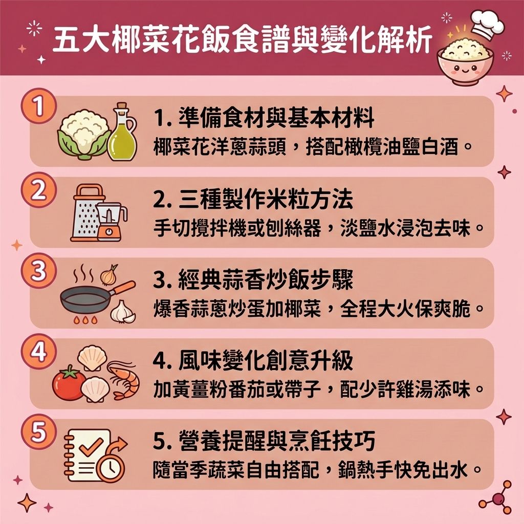 這是一張 1:1 正方形的扁平化向量資訊圖表插畫，嚴格採用台灣健康部落格懶人包風格。圖表以可愛、具教育性與醫美感的方式解析「五大椰菜花飯食譜與變化解析」，底部保持純淨無字並無縫應用背景色。

圖表詳細分享椰菜花飯食譜與椰菜花飯做法，教您如何用椰菜花完美取代精緻澱粉（如白米飯）。這種低碳飲食與生酮飲食能大幅降低碳水化合物與熱量，並透過豐富的膳食纖維、維生素與礦物質，幫助穩定血糖水平，控制血糖與胰島素分泌。

搭配優質蛋白質的健康減重餐單與減脂增肌飲食，能有效延長飽足時間增加飽足感，同時促進腸胃蠕動以達排毒清腸宿便之效。透過改善飲食習慣並控制熱量攝取，能提升基礎代謝（即基礎代謝率），成功打造易瘦體質並預防體重反彈。

持續攝取能精準燃燒深層脂肪，減少脂肪囤積，消滅脂肪細胞、內臟脂肪與皮下脂肪，大幅降低體脂比例與體脂率，助您順利突破減肥停滯期。