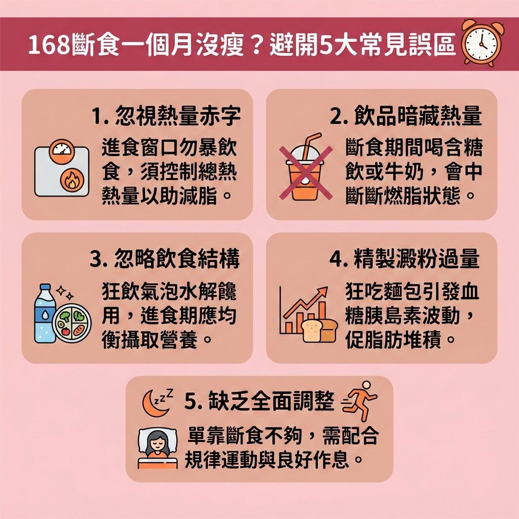 這是一張採用台灣健康部落格風格的 1:1 正方形扁平化向量資訊圖表插畫，背景採用柔和的淺粉紅色。圖表詳細剖析了168斷食無效原因，提醒大家在執行間歇性斷食或168斷食時應避開的5大誤區。

首先，減重的核心是創造熱量赤字，在進食窗口必須控制熱量攝取，否則脂肪細胞依然會膨脹。若想突破減肥停滯期、作為極佳的減大肚腩方法，必須調節飲食結構，搭配減脂增肌飲食，多攝取優質蛋白質與膳食纖維，減少精緻碳水化合物，以免引起血糖和胰島素劇烈波動。這不僅能穩定內分泌與荷爾蒙，還能促進腸胃蠕動與幫助排毒清腸宿便。

在斷食期間，應避免隱藏熱量飲品以延長燃脂時間。配合運動與良好作息能改善睡眠質素，減少水腫，並維持肌肉量，有效提升基礎代謝、新陳代謝及整體的基礎代謝率，真正幫助燃燒深層脂肪、減少內臟脂肪，達到消除腹部贅肉、改善中央肥胖，最終降低體脂比例與體脂率，成功預防脂肪積聚並打造易瘦體質。

若配合飲食控制後仍想追求更完美的體態，醫學美容是理想輔助。透過專業的局部減脂療程與無創減脂技術，加上精準的醫美定位修形，能安全高效地為您雕塑理想曲線！