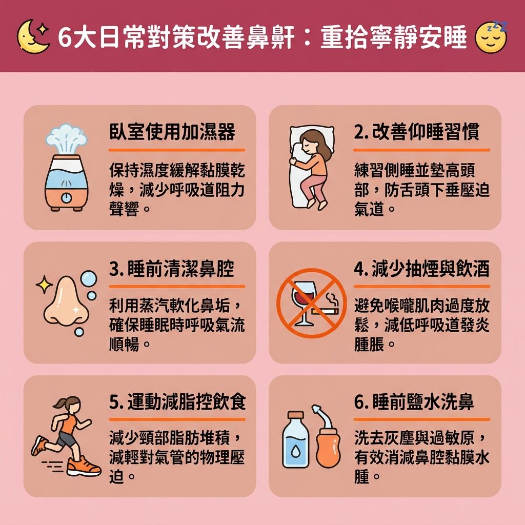 這是一張台灣健康部落格風格的 1:1 正方形扁平化資訊圖表,介紹日常的解決鼻鼾方法。若因鼻息肉、鼻中隔彎曲(需鼻中隔偏曲矯正)、或扁桃腺肥大導致呼吸道受阻,極易引發睡眠呼吸中止與嚴重的睡眠窒息症,影響血液中的氧氣濃度。圖表建議六個生活對策以改善睡眠質素與保持呼吸道暢通。例如,減少煙酒能避免喉嚨、軟顎與懸雍垂的肌肉過度放鬆;洗鼻能保護鼻腔黏膜。
若日常保養無效,患者應前往診所或醫院尋求醫生進行睡眠測試診斷。在選擇睡眠窒息症治療時,可考慮無創止鼾療程,如運用激光的療程,其激光止鼾效果能幫助收緊喉嚨肌肉與擴張上呼吸道,達到改善呼吸道阻塞的目的。
若需進行手術(如微創的微創鼻鼾手術、射頻消融術、切除扁桃腺手術或懸雍垂顎咽整型術),請務必了解手術風險後遺症、手術恢復期間及麻醉風險。及早處理鼻鼾問題,能有效減輕日間疲倦並預防心血管疾病,重拾健康生活。