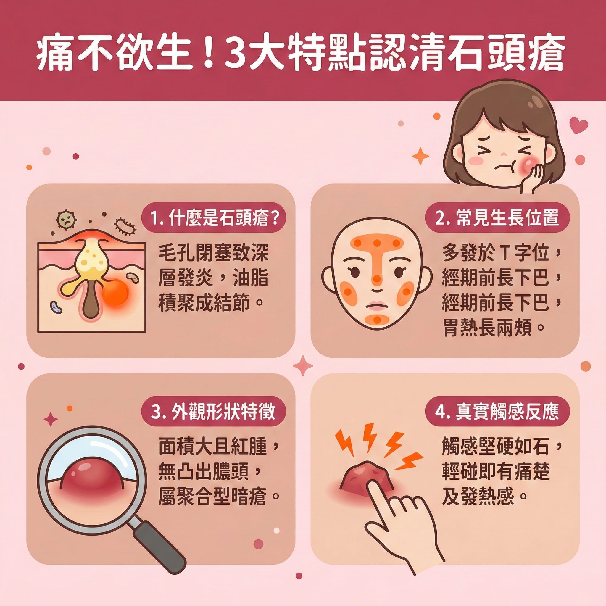 這是一張正方形扁平化的醫美資訊圖表，主要介紹石頭瘡（即囊腫型暗瘡）的特點。圖表說明當荷爾蒙與內分泌失調時，皮脂腺會異常活躍。若缺乏溫和潔面及深層清潔，毛囊堵塞會導致痤瘡桿菌在真皮層大量繁殖，引發深層感染與嚴重發炎，形成紅腫硬痛的結節與膿疱。

圖中警告絕對要避免擠壓，否則極易留下凹凸洞和暗瘡印。建議尋求皮膚科醫生作專業診斷，必要時使用處方藥物（如抗生素、避孕藥、類固醇）來調理內分泌、消炎殺菌與消除紅腫。

日常護理需疏通毛孔、抑制油脂分泌、減少皮脂分泌及修復皮膚屏障。為了預防留疤與撫平疤痕，圖表推薦結合果酸換膚與激光治療來改善粗糙膚質及刺激膠原增生。最後強烈推薦體驗完美醫療的專業暗瘡分手療程，長效預防復發，重獲平滑健康肌膚。