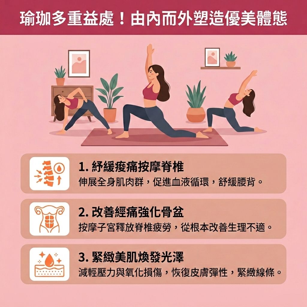 這是一張台灣健康部落格風格的 1:1 正方形醫美資訊圖表。圖中的長髮女生正在男生的場景中(面部表情保持不變),在瑜珈墊上展示多種瑜珈動作,強調除了燃燒卡路里、降低體脂率與降低體重指數外,還能有效舒緩身心壓力(即減輕壓力)。
透過練習伸展運動與特定呼吸法,能有效改善不良姿勢、糾正骨盆及脊椎位置,並大幅提升身體柔軟度與整體柔軟度。這些動作有助於強化核心力量(鍛鍊核心肌群)與增加肌肉量(強化肌肉),進而提升基礎代謝與整體新陳代謝。瑜珈能燃燒體內脂肪並消除頑固贅肉,從而收緊身體線條、雕塑優美體態。
此外,瑜珈能促進水分代謝以改善水腫問題,並活化淋巴系統達到疏通淋巴排毒。同時能平衡荷爾蒙,促進血液循環(加強血液循環)並改善血液回流。若想針對頑固脂肪,可配合醫學美容(如完美醫療)的局部減脂療程。結合無痛溶脂技術與輔助局部減脂等醫美定位修形方案,此專屬瘦身方案建議配合均衡飲食與帶氧運動,並刺激膠原增生(補充膠原蛋白)以恢復肌膚彈性。