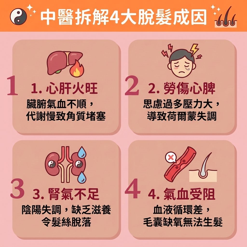 這是一張 1:1 正方形的可愛扁平化向量醫美資訊圖表，探討中醫脫髮成因與現代毛髮管理。圖表指出，【荷爾蒙】與【雄性激素】失調不僅導致脫髮，更是【美人生鬚原因】與【女生長鬍子】的關鍵，容易引發【面毛】、【唇毛】及【面部雜毛】增生。若患有【多囊卵巢症】，更會長出【粗硬毛髮】與【鬚根】。

相較於自行使用【剃刀】（需搭配【剃鬚膏推薦】）或【脫毛膏】，容易破壞【角質層】引發發炎（需懂得【毛髮倒生處理】以【避免毛囊炎】），尋求專業【脫毛公司】的【治療師】進行【無痛激光脫毛】更為安全。

插畫同時解說了【脫毛儀器】（如【755nm】與【808nm】雙波長）能精準破壞【毛囊】內的【黑色素】。搭配專利【冷凍劑】，連【敏感肌】也能安心進行【全身脫毛】及【比基尼線】療程，並有效減少【激光反應】與【激光脫毛副作用】。

消費者在搜尋【脫面毛邊間好】、【激光脫毛價錢】或【學生脫毛優惠】時，應仔細做好【脫毛療程比較】。療程後做好【脫毛後護理】，不僅能【去除小鬍子】，更能幫助【收細毛孔】與【改善色素沉澱】，達到理想的【永久脫毛效果】與【激光脫毛】體驗！