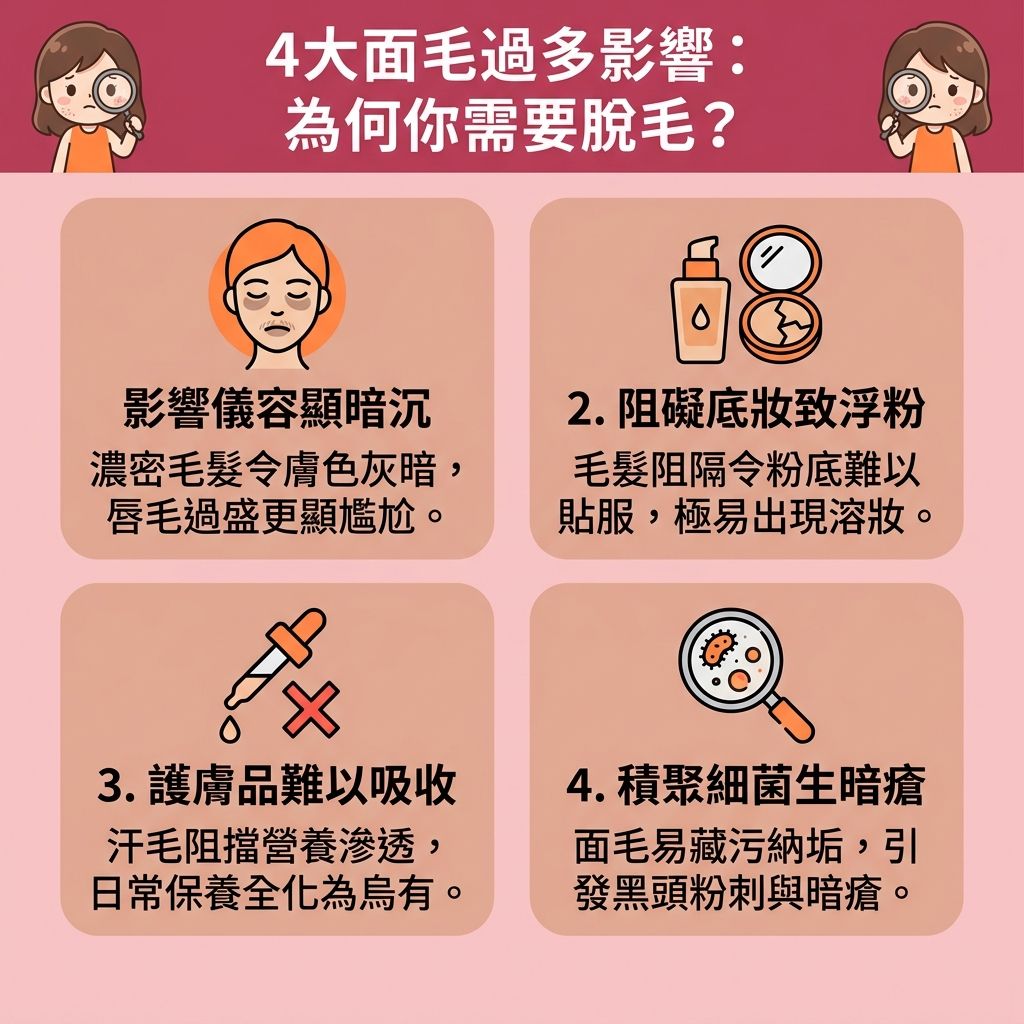 這是一張台灣健康部落格風格的 1:1 正方形向量資訊圖表,詳細解說面毛與唇毛過多的負面影響。為了解決煩惱,許多人搜尋面部脫毛推薦或脫面毛邊間好。若使用傳統的剃刀、化學脫毛膏、古法線面或忍受蜜蠟脫毛痛楚(使用蜜蠟),極易引發嚴重的拔面毛後遺症,導致皮膚受損、角質變薄,甚至讓毛囊發炎(需解決毛囊發炎),產生紅腫與炎症,讓黑色素積聚。
為避免皮膚灼傷並減少色素沉澱,專業醫生建議了解激光脫毛原理。相較於自行研究家用脫毛機比較與光學脫毛機用法,專業的光學儀器能釋放特定波長與穩定能量。特別是針對敏感肌,具備冰感技術的無痛激光脫毛是最佳選擇。只要完成足夠的脫毛療程次數,便能達到安全的永久脫毛效果。
透過專業激光療程,配合正確的脫毛前後護理與溫和去角質,不僅能舒緩脫毛紅腫,更能收細粗大毛孔,讓毛孔隱形。這能徹底改善唇邊暗沉、大幅提升護膚品吸收,並從根本改善化妝浮粉問題,重塑白滑無瑕的膚質。