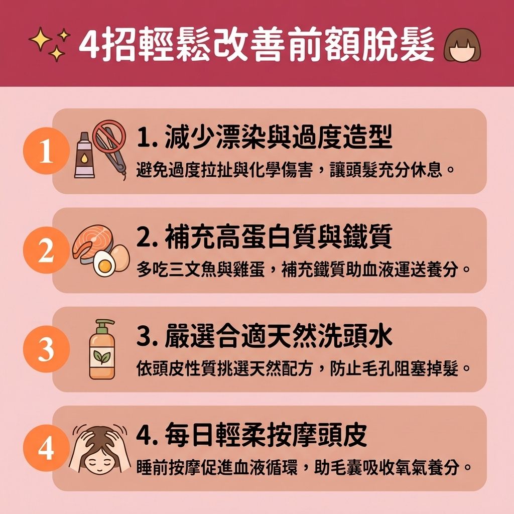 這是一張 1:1 正方形的扁平化向量資訊圖表插畫，採用台灣健康部落格風格，教您如何面對【脫髮早期先兆】與進行【髮線後移治療】。無論是探討【女性脫髮原因】還是【男性脫髮危機】，當體內【荷爾蒙】（如【睪酮】）異常轉化為【雙氫睪酮】時，會無情攻擊【前額】與【額角】的【毛囊】，引發嚴重的【雄性禿】與【脫髮】，導致【髮線】不斷後退。

圖表提供了4大【預防脫髮方法】來幫助【解決前額脫髮】與【改善頭髮稀疏】。首先，挑選合適洗髮水以維持【皮脂腺】正常的【頭皮油脂分泌】，【改善頭皮環境】。其次，透過每日按摩【頭皮】來促進【血液循環】。飲食上多補充【蛋白質】，有助於【強健脆弱髮根】、【延長生長週期】並【促進頭髮生長】。

若想進一步【刺激毛囊再生】及【增加頭髮密度】，除了塗抹含【米諾地爾】的【生髮水】、服用【非那斯特萊】，或利用【鋸棕櫚】進行【鋸棕櫚防脫髮】以【抑制男性荷爾蒙】外；也可考慮能【激活休眠毛囊】的【專業生髮療程】或先進的【植髮】手術。若偏好不需動刀的選項，配戴【織髮】或【假髮】這類【無創增髮技術】也是完美【遮蓋地中海】的好方法，助您重拾豐盈秀髮！