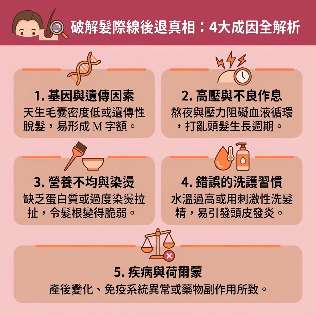 這是一張台灣健康部落格風格的 1:1 正方形資訊圖表,詳細解析了髮線後退的四大原因。許多人十分關注額頭高面相,一旦發現髮線後移先兆(例如M字額初期),便急於尋求高額頭改善與改善髮線後移的方法。圖表解釋了雄性禿與女性髮線後移的成因,指出基因與荷爾蒙變化會影響額頭的毛囊,導致脫髮與M字額。為挽救髮際線及達致頭髮稀疏解決的目標,我們必須針對脆弱的髮根與頭皮進行毛囊萎縮治療與雄性禿治療。
日常生活中,錯誤洗護會破壞皮脂腺並產生頭皮屑,建議使用優質的防脫髮洗頭水配合頭皮深層清潔,以保護頭髮健康。飲食上需補充蛋白質,以促進頭髮生長並改善血液循環。在尋求專業皮膚科醫生協助前,許多人會嘗試髮際線修飾技巧,例如參考髮際線粉推薦使用髮際線粉,或學習胎毛瀏海剪法剪出胎毛瀏海,甚至換個髮線高髮型來隱藏缺點。針對積極的治療,可考慮塗抹生髮水、使用激光生髮帽(需先了解激光生髮帽效果)、進行植髮手術或挑選合適的生髮療程推薦,以有效刺激毛囊生長。