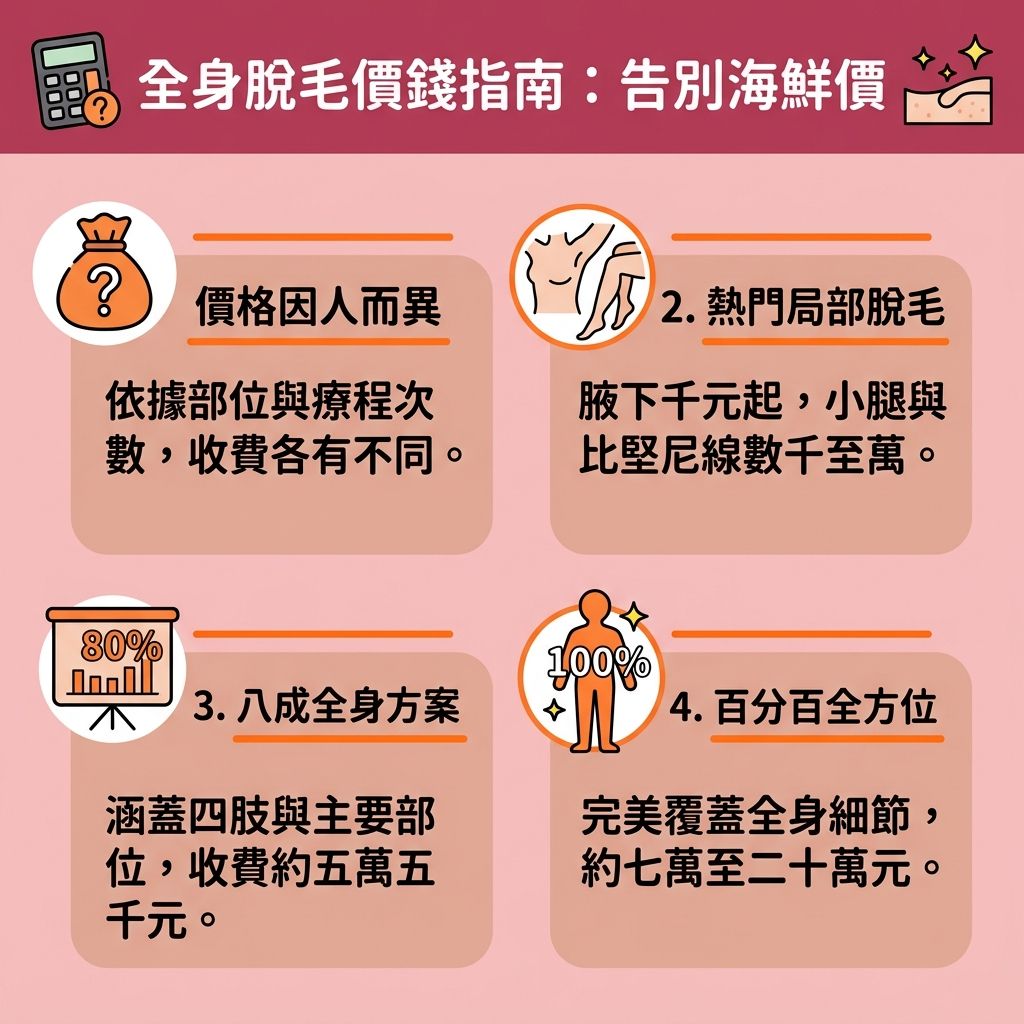 這是一張關於脫毛價錢收費與全身激光脫毛的資訊圖表。圖表詳細解說了全身脫毛的選擇，提醒大家尋找專業脫毛中心與專業醫生的重要性。選擇正確的無痛脫毛推薦，了解激光脫毛原理，能有效利用激光破壞毛囊內的黑色素，達到永久脫毛效果。比起傳統使用剃刀、蜜蠟或脫毛膏，激光能避免拔毛後遺症，如炎症與毛孔粗大，並免受蜜蠟脫毛痛楚與避免皮膚灼傷。

圖表涵蓋了各部位如腋下、手臂、小腿、比堅尼位及私密處的療程價格。針對臉部的面毛與唇毛，有特別的面部脫毛注意事項。為了達到最佳效果並減少色素沉澱，需要注重脫毛前後護理及私密處脫毛保養。日常配合溫和去角質以清除老廢角質，能有效改善毛髮倒生與解決毛囊發炎。此外，挑選適合脫毛季節進行療程，並留意脫毛療程次數，能順利舒緩脫毛紅腫，保護皮膚免受傷害，同時這也是極佳的腋下美白方法，讓毛髮