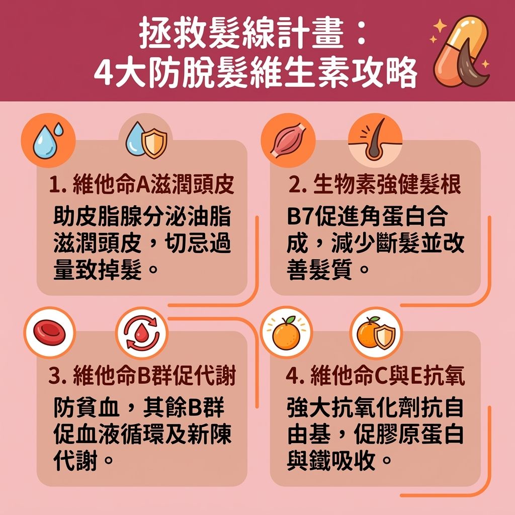 這是一張台灣健康部落格風格的 1:1 正方形資訊圖表,詳細介紹了四種拯救髮線的維他命。許多人因荷爾蒙變化、免疫系統問題或新陳代謝緩慢而面臨脫髮危機。為了減輕壓力型脫髮及改善產後脫髮,我們需要了解防脫髮維他命推薦。
圖表中提到,攝取足夠的營養素能成為改善脫髮保健品或護髮營養補充劑的天然替代方案。維他命A有助於皮脂腺分泌脂肪酸與油脂,避免維他命不足脫髮。維他命B群中的生物素具有極佳的生物素生髮功效,能促進角蛋白合成,為頭髮補充蛋白質與角蛋白,有效解決斷髮問題、修護受損頭髮並強化毛囊健康。
此外,維他命C與E是強效的抗氧化劑,能進行抗氧化護髮,對抗自由基並延緩頭髮老化。維他命C能促進膠原蛋白生成,而搭配維他命E則能改善頭皮血液循環及整體血液循環。除了這些維他命,日常也應攝取防脫髮食物,確保補充足夠的鐵質與鋅,因為補充鐵質防掉髮能有效滋養髮根。這些滋養髮根方法不僅能預防頭髮稀疏,還能增加頭髮濃密度,為頭皮與毛囊創造良好環境,最終達到促進頭髮生長的效果。