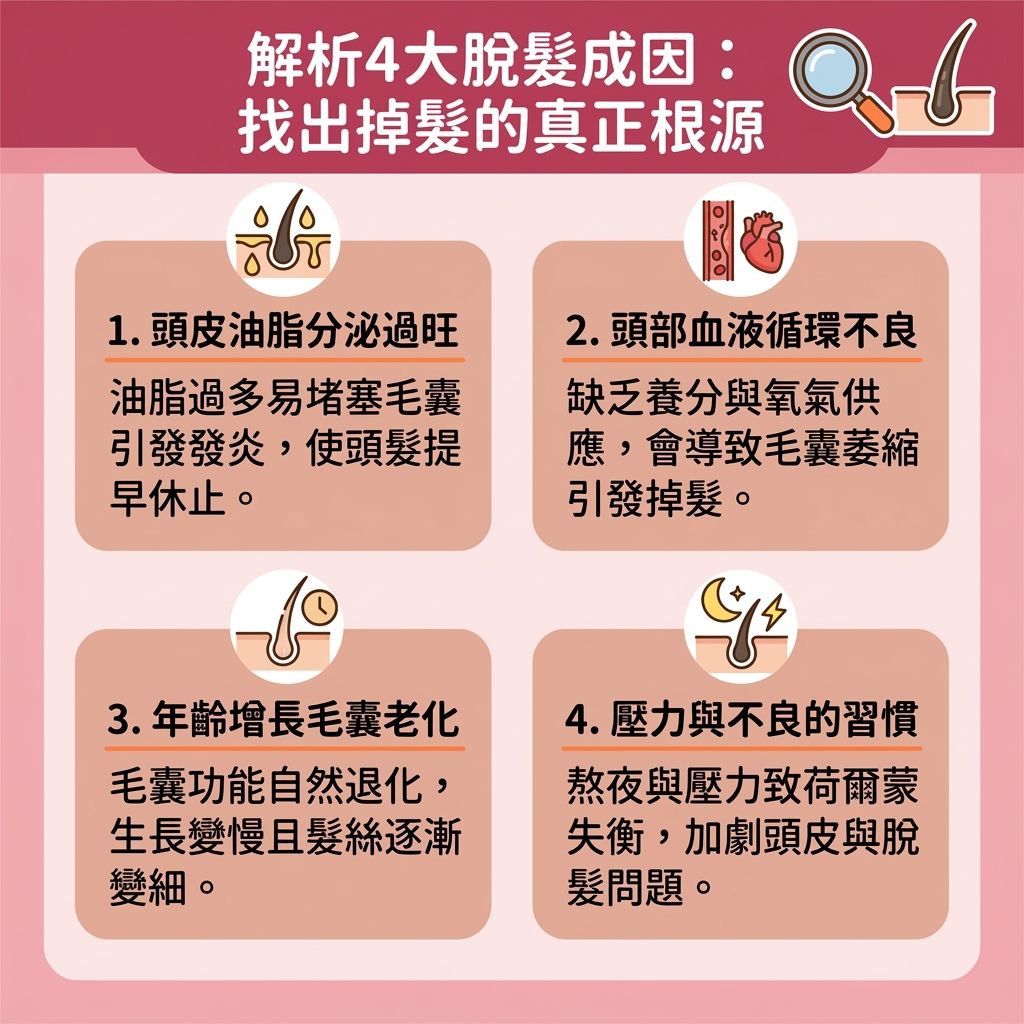 這是一張台灣健康部落格風格的 1:1 正方形資訊圖表，詳細圖解4大脫髮原因及有效的居家生髮秘訣與秘方。圖表指出，不良的荷爾蒙波動與新陳代謝變慢會影響頭皮微循環，引發炎症，進而損害毛囊與髮根的深層細胞。為解決頭髮稀疏並預防髮線後移，我們需要積極改善頭皮微環境並抑制頭皮發炎。

許多人尋求專業的雄性禿脫髮治療來對付雄性禿，或尋找改善產後脫髮的對策。透過促進頭皮血液循環（改善血液循環），能有效修復受損毛囊。現今熱門的抗衰老生髮療程常運用外泌體、幹細胞與生長因子，並結合藍銅勝肽、煙醯胺單核苷酸、氨基酸與抗氧化劑等營養，來激活毛囊細胞並延緩頭皮衰老。

這些專業成分能有效刺激毛囊生長、喚醒休止期毛囊，並能促進膠原蛋白增生（補充流失的膠原蛋白），從而強化髮根健康與增強髮絲韌度。在專業醫生的指導下，這些方法能幫助延長毛髮生長期，最終達到減少掉髮數量並增加頭髮密度的目標。