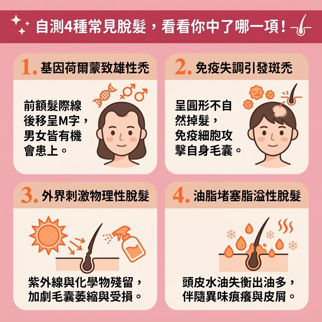 這是一張1:1正方形的醫美資訊圖表，教你認識四大【脫髮】類型與【預防脫髮方法】。當【頭皮】的【皮脂腺】分泌異常，或體內【雙氫睪酮】過多時會引發【雄性禿】。若缺乏【營養】、【蛋白質】、【膠原蛋白】與【角蛋白】，會令【髮根】與【細胞】受損，使頭髮提早從【生長期】掉入【休止期】，從而引發【解決異常掉髮】的需求。

為了【治療雄性禿】與【改善女性脫髮】，【專業生髮中心】推薦使用【無創生髮療程】與【無痛生髮技術】。透過【低能量激光】的【紅光】【深入照射頭皮】，能產生【三磷酸腺苷】來【提升細胞活力】並促進【新陳代謝】。

這種【激光】技術能有效【促進頭皮血液循環】（改善【血液循環】），幫助【控制油脂分泌】並【改善頭皮環境】。它能【激活休眠毛囊】、【修復受損毛囊】以【刺激毛囊再生】。最終達到【強健脆弱髮根】、【延長生長週期】、【促進頭髮生長】、【改善頭髮稀疏】與大幅【增加頭髮密度】的完美效果，全面守護你的【毛囊】健康！