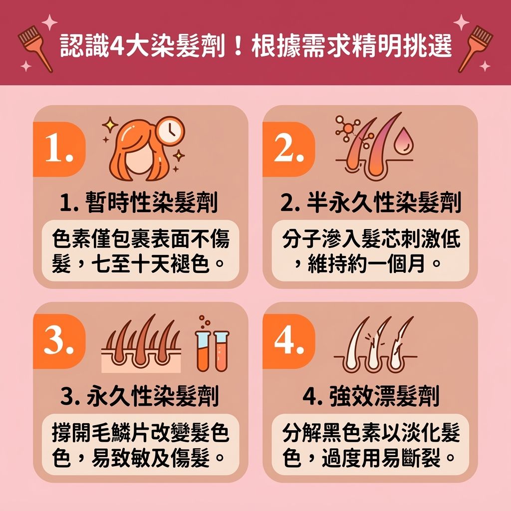 這是一張 1:1 正方形的醫美資訊圖表,介紹四種【染髮劑】及【染髮副作用】。圖中顯示,進行【漂髮】或使用含有【雙氧水】、【氨水】及【對苯二胺】等【染髮劑成分】的產品時,必須做好【染髮前頭皮隔離】以【隔離化學傷害】。若不慎處理,容易引發【頭皮】【敏感】與【紅腫】,甚至導致嚴重【脫髮】。
這些化學物會強制撐開【毛鱗片】,分解【毛囊】中的【黑色素】,並破壞【角質層】,導致【水分】與【蛋白質】流失。為【解決頭髮乾燥】與【防止頭髮斷裂】,我們必須重視【染髮後護理】與【漂染頭髮保養】。日常可考慮【植物性染髮推薦】,並使用【護色洗頭水】來【溫和清潔頭皮】,以【預防頭髮褪色】及減緩【褪色】。
洗髮後搭配【護髮素】與【髮膜】,進行【鎖水保濕護理】,能有效【深層滋潤頭髮】並【補充頭髮營養】。這樣不僅能【修復受損髮絲】、【撫平頭髮毛躁】、【改善頭髮打結】,還能做到【減少熱力傷害】。只要保護好脆弱的【髮絲】,就能預防【染髮頭皮敏感】,大幅【增加頭髮光澤】!