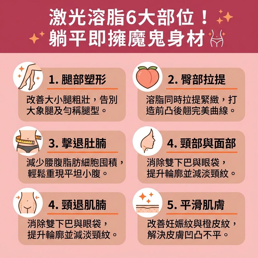 這是一張台灣健康部落格風格的1:1正方形資訊圖表，詳細介紹了醫學美容領域中備受歡迎的激光溶脂。作為一種無創減脂技術與安全無痛減肥方法，它能針對性減脂肪，幫助您突破減肥瓶頸並有效控制體重與體脂率。

圖中展示了專業儀器的探頭如何釋放激光能量，精準穿透真皮層直達皮下脂肪與深層脂肪層。這能有效溶解脂肪細胞（破壞脂肪細胞）以燃燒體內脂肪。接著透過活化淋巴系統來疏通淋巴排毒與排出體外廢物，藉此促進新陳代謝（提升新陳代謝）。這套專屬瘦身方案不僅能消除頑固脂肪、減少脂肪積聚，更能改善下半身水腫（消除水腫），完美解決大腿、手臂、肚腩以及雙下巴等肥胖問題，進行精準的局部定位修形。

同時，這種無需開刀手術的溶脂療程不但能縮短恢復時間，還能在過程中刺激膠原增生（補充膠原蛋白），進而提升肌膚彈性、收緊鬆弛皮膚，最終達到塑造緊緻身段的完美效果。香港完美醫療為您提供這項專業服務，讓您輕鬆擁有理想曲線！