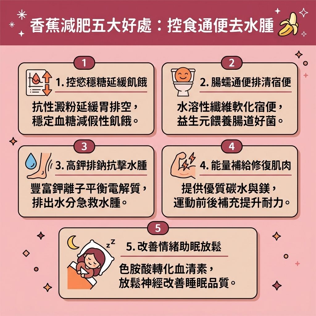 這是一張 1:1 正方形的扁平化向量資訊圖表插畫，介紹香蕉減肥法。建議早餐吃香蕉並納入健康減重餐單，能改善飲食習慣並精準控制熱量攝取。香蕉富含抗性澱粉與水溶性纖維，能延長飽足時間增加飽足感，減少卡路里攝入。它能滋養腸道益生菌，保護消化系統，促進腸胃蠕動並有效排毒清腸宿便。香蕉含有豐富的鉀離子與維他命，能幫助平衡電解質，消除下肢水腫與改善整體水腫困擾。

香蕉的低GI特性有助穩定血糖水平，控制血糖與胰島素分泌。內含的物質能轉化為血清素與褪黑激素，有助於提升睡眠質素，進而提升基礎代謝與整體的基礎代謝率，加速新陳代謝。這些好處能減少脂肪囤積，燃燒深層脂肪，精準打擊皮下脂肪、內臟脂肪與頑固脂肪，全面降低體脂比例與體脂率。

透過上述機制，能順利突破減肥停滯期，輕鬆打造易瘦體質。若想進一步雕塑身型，圖表側邊推薦結合醫學美容的無創減脂技術與局部減脂療程。透過專業的溶脂科技進行醫美定位修形，全方位雕塑您的健康完美曲線！