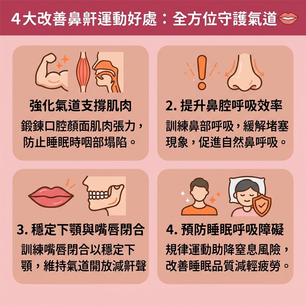 這是一張台灣健康部落格風格的 1:1 正方形扁平化資訊圖表,詳細解說四大【改善鼻鼾運動】的益處。透過【舌頭伸展運動】與【呼吸訓練法】,能有效【強化口腔肌肉】及進行【咽喉肌肉鍛鍊】,幫助【收緊喉嚨肌肉】。這不僅能【防止舌頭後墜】與穩定【下顎】,更能避免【舌頭】與【軟顎】在【睡眠】中塌陷。
這套【物理止鼾方法】是極佳的【解決鼻鼾方法】。當【咽喉】與【喉嚨】【肌肉】變得緊實,能順利擴張【呼吸道】並【保持呼吸道暢通】。此外,訓練能引導【氣流】正確通過【鼻腔】,進而【改善用口呼吸】與【改善呼吸道阻塞】。當呼吸順暢,身體獲取充足【氧氣】,便能【預防睡眠缺氧】、【減少打呼嚕】及【減輕日間疲倦】。若同時搭配【控制體重減鼻鼾】減少頸部【脂肪】,更能大幅【降低停止呼吸頻率】,【舒緩睡眠障礙】並全面【提升睡眠質素】。
若【鼻鼾】問題嚴重至演變成【睡眠窒息症】,建議盡早前往專業【診所】尋求【醫生】進行【睡眠測試診斷】(即專業【睡眠測試】)。在專業評估下,可搭配專屬【療程】、配戴【牙膠】或使用【呼吸機】等醫療工具輔助,全方位守護健康。