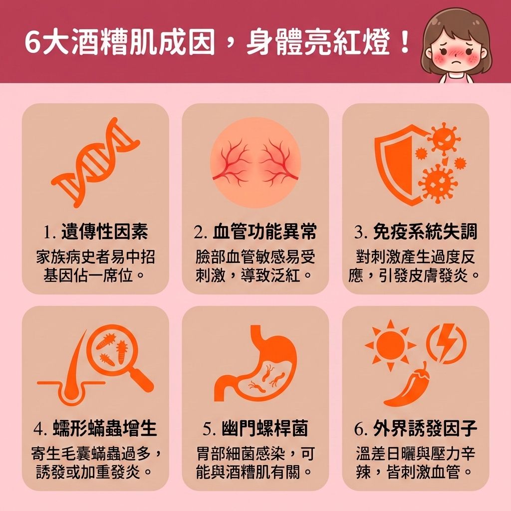 這是一張台灣健康部落格風格的醫美資訊圖表，介紹酒糟肌（又稱玫瑰痤瘡）的6大成因。圖中顯示，當臉部微血管異常或荷爾蒙失調時，容易出現微血管擴張與泛紅。若加上免疫系統失調或蠕形蟎蟲過多，會誘發玫瑰痤瘡並加重發炎反應，甚至出現丘疹與膿皰。這類敏感肌常伴隨乾癢，需及早護理以減輕痕癢不適並改善乾燥脫皮。

當角質層過薄或皮脂腺異常分泌油脂時，容易引發暗瘡。日常應溫和潔淨肌膚，避免過度清潔，以修復受損屏障並增強皮膚屏障。切記要遠離致敏原與避免刺激成分，切勿濫用類固醇或使用含刺激物的護膚品。

紫外線是最大元兇，務必做好防曬。正確護理能舒緩紅腫發炎、褪紅消炎鎮靜，並有助於調節水油平衡、控制油脂分泌、減少黑頭粉刺及預防暗瘡形成。同時要抑制蟎蟲增生，保護脆弱的皮膚屏障。若情況嚴重，應尋求皮膚科醫生協助。圖表最後推薦香港完美醫療的專業醫學美容項目，如激光褪紅療程與皇牌「暗瘡分手療程」，助您重拾健康平滑肌！