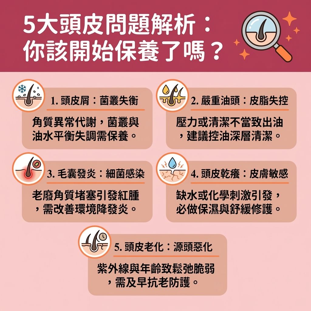 這是一張台灣健康部落格風格的 1:1 正方形資訊圖表，詳細解說五大頭皮問題與居家保養步驟。當皮脂腺受壓力與荷爾蒙影響分泌過多皮脂時，容易造成毛囊阻塞與炎症。這時你需要頭皮深層清潔來改善頭皮出油並去除頭皮異味，這也有助於改善頭髮扁塌。

針對頭皮屑困擾，建議挑選合適的去頭皮屑洗頭水與護髮素，並參考頭皮去角質推薦產品來清除老廢角質，切勿使用錯誤的洗頭水。若是面臨換季頭皮乾癢或需要脂漏性皮炎護理，則需為頭皮補充水分、蛋白質與氨基酸，以舒緩頭皮敏感並解決頭皮發炎。在進行染燙後頭皮護理時，掌握正確的頭皮精華用法，塗抹精華能對抗紫外線傷害，有效延緩頭皮老化。

為了強化髮根健康與找到正確的預防脫髮方法，可尋求專業醫生建議，並透過頭皮按摩教學按壓頭部穴位。這不僅能改善血液循環（促進血液循環），更能促進毛囊生長，有效減少掉髮數量，徹底告別脫髮危機。