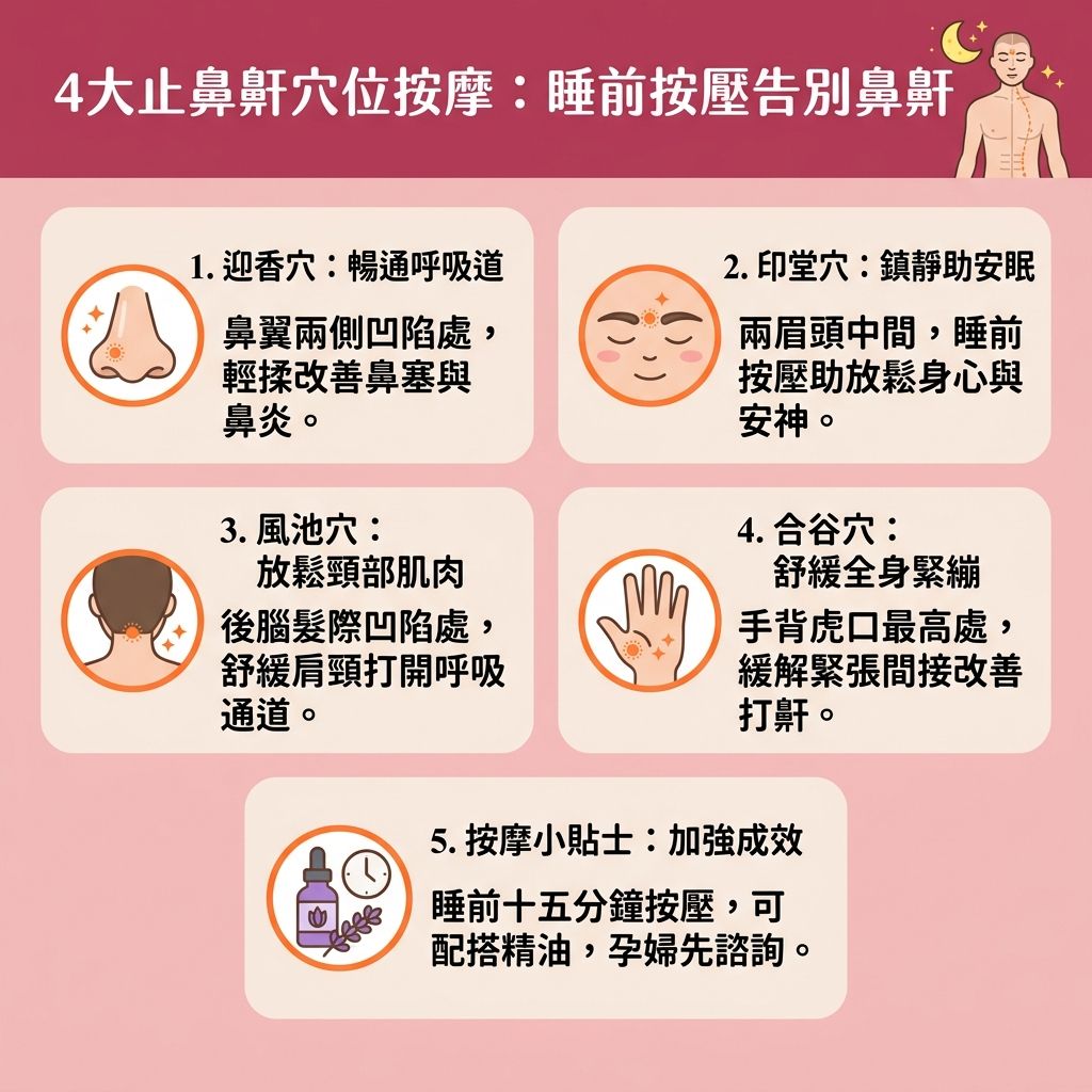 這是一張台灣健康部落格風格的 1:1 正方形扁平化資訊圖表，介紹全方位的【解決鼻鼾方法】以幫助大眾【提升睡眠質素】。除了運用【中醫】的【穴位按壓技巧】進行【穴位按摩通鼻塞】（例如輕輕【按摩】【鼻翼】兩側的【迎香穴】與眉心間的【印堂穴】）來【疏通經絡氣血】、【促進面部血液循環】與【緩解鼻塞流涕】，我們還需要從日常習慣著手。這種【睡前按摩放鬆】與【中醫調理鼻鼾】能有效【舒緩鼻敏感症狀】，改善因【鼻腔】發炎或【鼻敏感】引起的【鼻塞】。

為了【改善用口呼吸】並【保持呼吸道暢通】，除了針對【穴位】與全身【經絡】調理【氣血】，更要注意睡姿。養成側睡習慣是優良的【物理止鼾方法】，能避免【舌頭】與【軟顎】後墜，幫助【放鬆喉嚨肌肉】。若【喉嚨】周圍【肌肉】緊繃或脂肪過多壓迫【呼吸道】，極易引發嚴重的【睡眠窒息症】，導致夜間【睡眠】期間缺乏【氧氣】，此時必須及早【預防睡眠呼吸中止】。

透過圖表中的5大生活建議，我們能從根本【改善呼吸道阻塞】，有效【減少打呼嚕】與【降低鼻鼾頻率】。全方位的護理不僅能【改善睡眠質素】，更能大幅【減輕日間疲倦】，讓你徹底遠離【鼻鼾】困擾。
