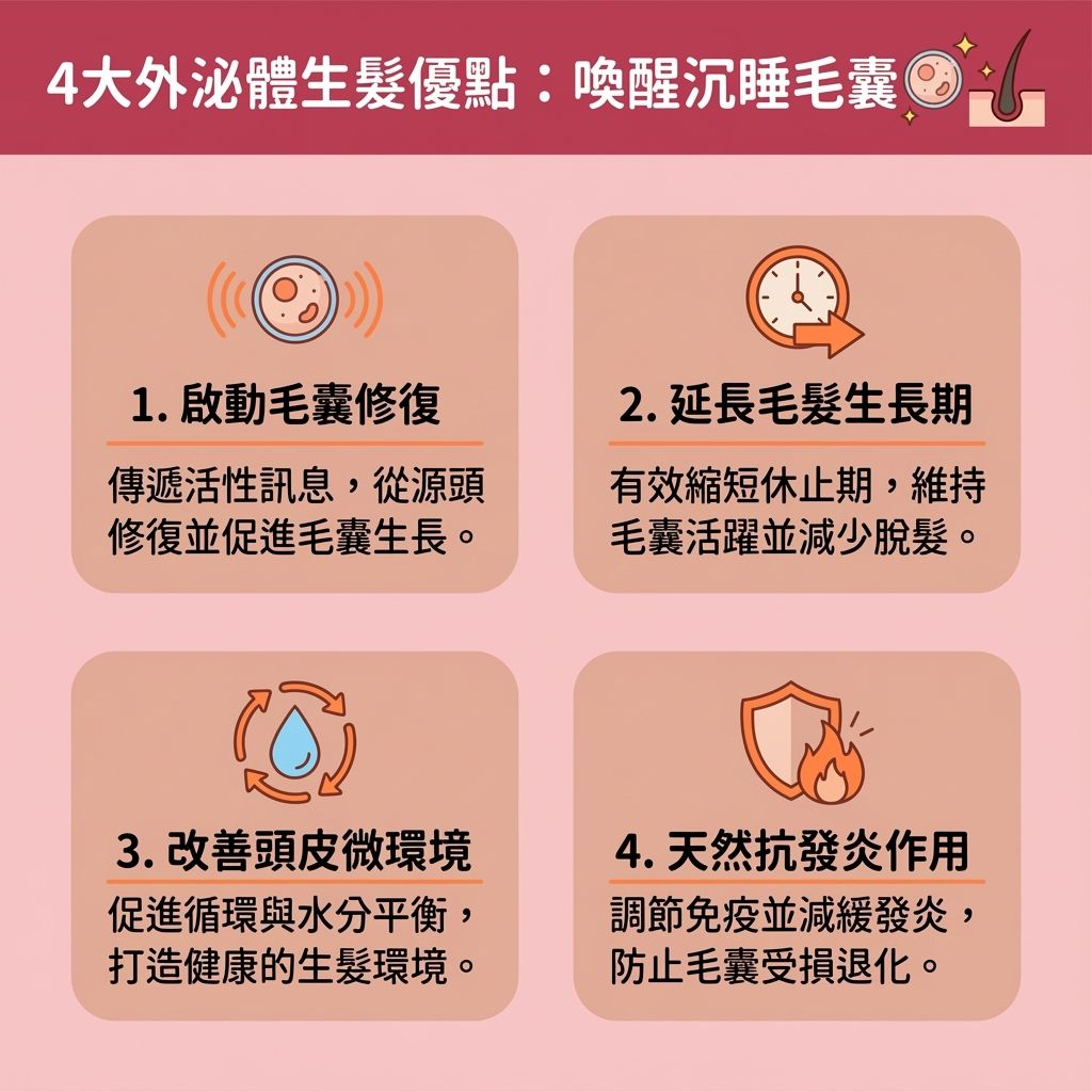 這是一張台灣健康部落格風格的 1:1 正方形資訊圖表，詳細解析外泌體的外泌體生髮效果。圖表說明這項抗衰老生髮療程如何利用納米級別的囊泡，攜帶基因訊息、氨基酸與蛋白質，提升細胞溝通。透過微針技術進行微針外泌體導入，能將豐富的生長因子直接送達頭皮深層組織，發揮極佳的幹細胞生髮治療作用（因為外泌體常源自幹細胞）。

圖表指出，這種療程能加速新陳代謝並促進血液循環，從而活化頭皮細胞、促進頭皮修復及改善頭皮環境。它具備強大的抗炎症能力，能抑制頭皮發炎，保護毛囊免受破壞。這不僅能修復受損毛囊，更能喚醒休止期毛囊並刺激毛囊再生。透過促進膠原蛋白增生（產生膠原蛋白），進一步強化髮根健康。

對於面對脫髮、雄性禿困擾的人士，這是一項極具潛力的雄性禿脫髮治療。由專業醫生評估後進行，能有效延長毛髮生長期，幫助深層細胞重獲生機。最終達到減少掉髮數量、解決頭髮稀疏、預防髮線後移以及增加頭髮密度的目標。