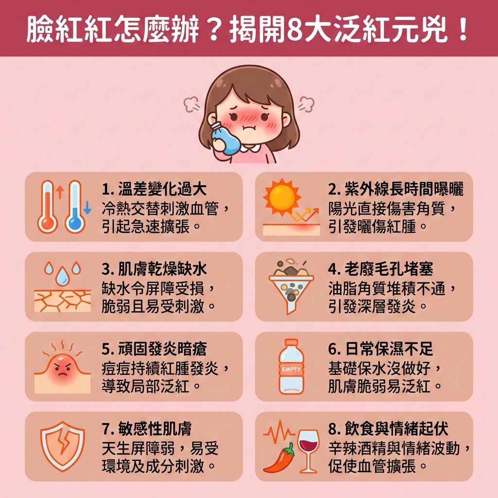 這是一張台灣健康部落格風格的正方形醫美資訊圖表，解說8大面部泛紅成因。圖中女孩正為臉頰發熱苦惱。當面對溫度變化，高溫會促進血液循環，造成微血管擴張。若暴露於強烈紫外線未做好物理防曬，易刺激微血管。若是敏感肌或患有濕疹、玫瑰痤瘡，其脆弱的皮膚屏障與角質層更易受損。若感染蠕形蟎蟲或因荷爾蒙與免疫系統失調，將直接誘發玫瑰痤瘡及炎症，導致嚴重潮紅。

我們必須遠離致敏原並避免刺激成分，慎選護膚品，切勿濫用類固醇。日常應溫和潔淨肌膚，絕對要避免過度清潔，以調節水油平衡與改善乾燥脫皮。若泛紅是由暗瘡引起，正確護理有助於降低發炎反應。這些步驟能修復受損屏障、增強皮膚屏障，達到舒緩紅腫發炎、褪紅消炎鎮靜、減輕痕癢不適及舒緩敏感泛紅的目的。

若想真正改善面部潮紅，建議尋求專業皮膚科醫生協助。圖表下方特別推薦香港醫學美容權威完美醫療，其專業的激光褪紅療程與「暗瘡分手療程」，助您徹底告別關公臉，重拾健康透亮肌！