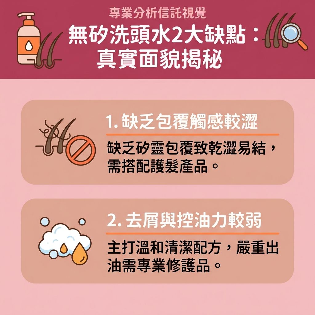 這是一張台灣健康部落格風格的 1:1 正方形資訊圖表，深入進行洗頭水成分分析，探討無矽洗頭水推薦與傳統矽靈洗頭水分別。許多人擔心矽靈副作用與化學殘留物會成為堵塞毛囊原因，阻塞毛孔與毛囊，阻礙角質代謝甚至引發異常脫髮。因此，選用含天然植物萃取、低刺激表面活性劑與起泡劑的溫和清潔配方成為趨勢。

這類無矽洗頭水是極佳的孕婦洗頭水推薦，專為敏感肌與敏感頭皮適用而設。它能深層清潔頭皮，減少頭皮負擔，有效解決頭皮痕癢並改善頭皮發炎。洗去多餘油脂後，不僅能改善頭皮出油與對付頭皮屑，更能解決頭髮扁塌，大幅增加頭髮蓬鬆感，從而強化髮根健康（強健髮根）並減少掉髮數量。

然而，圖表也揭示了其缺點：因缺乏矽靈這種化學順滑劑，容易造成無矽洗後乾澀，毛鱗片無法被人工平順，導致髮絲打結。建議搭配富含氨基酸與蛋白質的護髮素，才能在享受清爽的同時，有效進行護理染燙髮質與修復受損髮質。