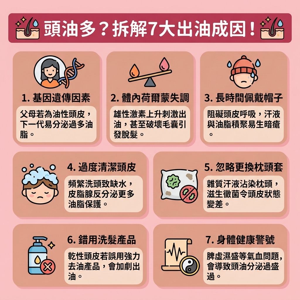這是一張 1:1 正方形扁平化向量醫美資訊圖表，教導大家如何【解決頭皮出油】與【控制油脂分泌】。圖表指出，若【壓力】大導致【荷爾蒙】失調，體內【雙氫睪酮】會過度刺激【皮脂腺】與【汗腺】。這不僅會分泌大量【頭油】與【油脂】，更會引發【頭皮痕癢紅腫】。若【角質層】受損且【毛囊堵塞發炎】，極易引發【頭瘡】與異常【脫髮】，甚至演變成【雄性禿】，嚴重縮短頭髮的【生長期】。

為了【預防頭瘡形成】並落實【預防脫髮方法】，必須注重【日常頭皮護理】以【改善頭皮環境】。應適度進行【深層清潔頭皮】與【溫和清潔頭皮】，謹慎【選擇控油產品】與合適的【洗頭水】，洗後搭配【護髮素】撫平【毛鱗片】，以【保持水油平衡】並鎖住【水分】與【蛋白質】。

圖中也建議，透過按摩來維持良好的【血液循環】以【促進頭皮血液循環】，並【調整飲食習慣】。這些步驟能保護【頭皮】與【毛囊】以【舒緩頭皮敏感】，達到【刺激毛囊再生】與【延長生長週期】的效果。只要頭皮健康，就能【減少頭皮屑】、【改善頭髮扁塌】，大幅【增加頭髮蓬鬆度】！