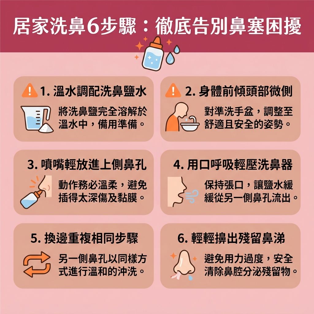這是一張台灣健康部落格風格的 1:1 正方形扁平化資訊圖表，詳細解說六個居家洗鼻步驟，教你最佳的【解決鼻塞方法】與【洗鼻正確姿勢】。圖中示範如何將【生理鹽水】（或依據正確【洗鼻鹽水比例】調配的【溫水】鹽液）裝入合適的【洗鼻器】（或【針筒】）中。

透過這個溫和的【鼻腔沖洗療程】，能有效【清潔鼻腔分泌物】（如濃稠的【鼻水】），並徹底【沖洗致敏原】（包含各種【灰塵】、【細菌】與【致敏原】）。這不僅能【舒緩鼻敏感症狀】、【減輕鼻炎不適】，更能幫助【緩解鼻竇炎】。對於受【鼻敏感】、【鼻竇炎】或【鼻息肉】困擾的患者，此舉能【保持鼻腔濕潤】並【促進鼻黏膜修復】，保護脆弱的【鼻黏膜】、【鼻竇】與整個【鼻腔】。

經常清理鼻腔能【預防上呼吸道感染】，這也是【解決打鼻鼾】的隱藏妙招。當【鼻塞】解除，患者便能【改善用口呼吸】，進而【改善呼吸道阻塞】（暢通【呼吸道】）。這對受【鼻鼾】困擾的人而言，能有效【降低鼻鼾頻率】並【改善睡眠質素】（提升整體【睡眠質素】）。操作時請留意可能的【洗鼻副作用】，若需了解【兒童洗鼻方法】或尋找優質的【洗鼻器推薦】，建議前往專業【診所】諮詢【醫生】。