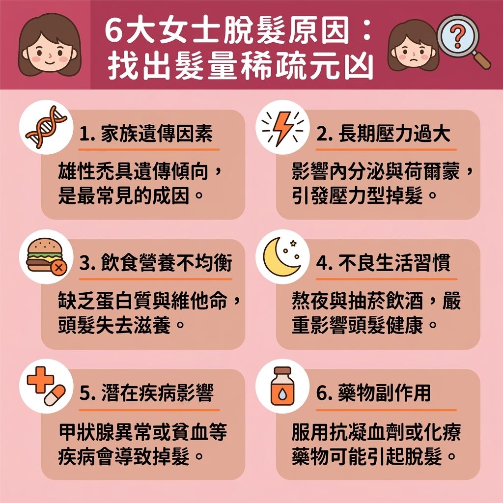 這是一張台灣健康部落格風格的 1:1 正方形扁平化資訊圖表,主題為優質的生髮保健品推薦與頭皮營養補充指南。圖表詳細解析了如何透過攝取防脫髮維他命與生髮營養補充品來解決掉髮問題。對於面臨脫髮、雄性禿或需要產後脫髮營養的族群,圖表建議積極補充生物素(即維他命B7)、維他命A、B3、C以及膠原蛋白。這些關鍵營養素若能搭配蛋白質、氨基酸、鐵質、鋅與葉酸,將能有效促進頭髮生長並改善頭髮稀疏。
圖表指出,維持良好的新陳代謝與血液循環,能幫助營養直達頭皮與毛囊深處,從根本上改善毛囊萎縮並延長毛髮生長期。同時,配合鋸棕櫚與魚油等成分,有助於穩定荷爾蒙,是極佳的雄性禿保健食品選擇。透過日常規律補充這些營養,不僅能發揮顯著的生髮丸成效,幫助強化髮根健康、補充頭髮角蛋白以保護角蛋白結構,還能修復受損髮質、增加頭髮厚度及改善頭髮變幼,最終達到減少掉髮數量的目標。這對於舒緩壓力脫髮、穩固髮根以及預防髮線後移都有極大的幫助。