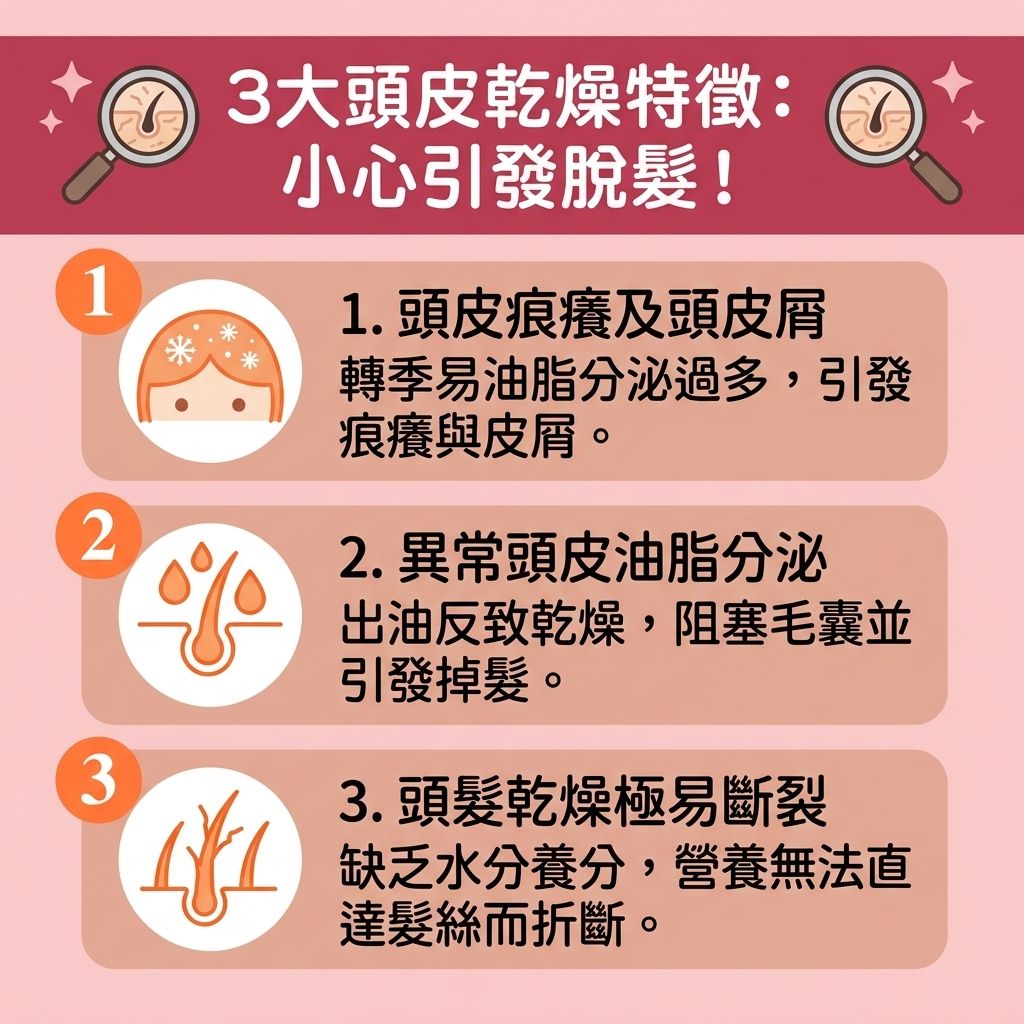 這是一張 1:1 正方形的扁平化向量資訊圖表插畫，採用台灣健康部落格風格，詳細解析三大【頭皮】乾燥特徵。圖中顯示當頭皮缺乏【水分】時，受損的【角質層】會引發【頭皮乾燥痕癢】與【頭皮屑過多】。若【皮脂腺】異常導致【頭皮油脂分泌】過盛，必須及時【解決毛孔堵塞】，否則極易引發【毛囊炎】與嚴重【脫髮】，甚至惡化潛在的【雄性禿】與【荷爾蒙】落髮問題。

為了【舒緩頭皮敏感】與【滋潤乾燥頭皮】，圖表建議做好【頭皮保濕護理】與【日常頭皮護理】。洗髮時可選用含【胺基酸】與【咖啡因】的產品來【溫和清潔頭皮】與【頭皮深層清潔】。日常保養可透過按摩來【改善頭皮血液循環】與整體【血液循環】；飲食方面，【生髮食物推薦】多攝取優質【蛋白質】、【鐵質】、【維他命】與【膠原蛋白】等【營養素】，由內而外【補充頭皮水分】並【強健髮根】。

在【預防脫髮方法】上，醫學界建議可使用含【米諾地爾】的【生髮水】，幫助【激活休眠毛囊】，進而【延長生長週期】、【減少掉髮】、【促進頭髮生長】並【改善頭髮稀疏】。若【毛囊】受損嚴重，則建議尋求【專業生髮療程】或【植髮】來重獲新生。