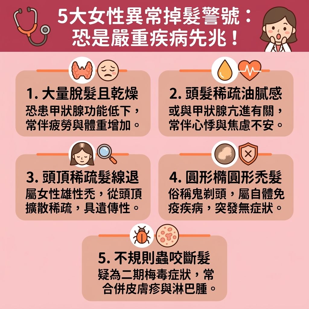 這是一張台灣健康部落格風格的 1:1 正方形扁平化資訊圖表，詳細描述了女士異常掉髮原因。圖表指出，頭髮稀疏身體警號不容忽視，可能預示嚴重疾病。例如，甲狀腺功能異常（如甲狀腺減退掉髮）或內分泌問題會導致內分泌失調脫髮。常見的婦科病如卵巢多囊症會引發多囊卵巢綜合症症狀，而更年期荷爾蒙變化（如停經）、產後帶來的產後脫髮嚴重，甚至缺鐵性貧血脫髮（因缺乏鐵質與貧血）及營養不良導致脫髮（因過度節食或營養不良）皆是關鍵因素。

此外，如果突然大量甩頭髮，要警惕免疫系統問題，如紅斑狼瘡引發的紅斑狼瘡早期症狀或免疫系統疾病掉髮（如斑禿）。壓力過大也會造成壓力性休止期脫髮。針對女性髮際線後移及頭頂稀疏，這往往是雄性禿與女性雄性禿特徵。有些落髮甚至與糖尿病及糖尿病併發症脫髮有關，或是其他潛在的婦科疾病脫髮徵兆。若發現頭皮異常與異常脫髮，應立即尋求皮膚科醫生診斷，讓專業醫生進行脫髮身體檢查推薦，評估是否需要更換藥物或進行專業的頭皮毛囊萎縮治療以拯救脆弱的毛囊。