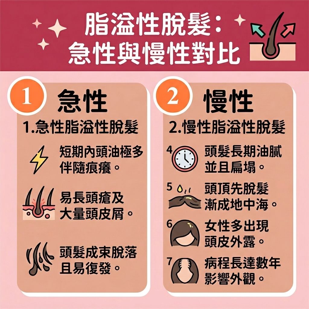 這是一張 1:1 正方形的可愛扁平化向量資訊圖表插畫,採用台灣健康部落格風格,詳細比較急性與慢性的【脂溢性脫髮】。圖表指出,當【頭皮】的【皮脂腺】失調,導致異常的【頭皮油脂分泌】時,極易滋生【馬拉色菌】等【真菌】。這不僅會破壞【角質層】,引發【頭皮敏感痕癢】與【毛囊炎】,還會產生大量【頭皮屑】,因此需要及時【減少頭皮屑】並【舒緩頭皮紅腫】。
若忽視這些【脫髮早期先兆】,未做好【日常頭皮護理】與【溫和清潔頭皮】,無法【平衡油脂分泌】及【解決毛孔堵塞】,將加劇【脫髮】危機。針對【脂溢性脫髮治療】,首要任務是【深層清潔毛囊】並【抑制真菌感染】,從而【改善頭皮環境】。
此外,若體內【荷爾蒙】失衡,【睪酮】轉化為【雙氫睪酮】,更會引發【雄性禿】。這不僅需要【抑制男性荷爾蒙】,還要攝取優質【蛋白質】來【強健脆弱髮根】。醫學上的【預防脫髮方法】包括使用含【米諾地爾】的【生髮水】,或口服【非那斯特萊】,甚至在發炎嚴重時由醫生處方微量【類固醇】。這些方法能【減少掉髮數量】,【改善頭頂稀疏】,並【刺激毛囊再生】。若【毛囊】嚴重萎縮,則需尋求【專業生髮療程】或進行【植髮】手術來徹底拯救外觀!