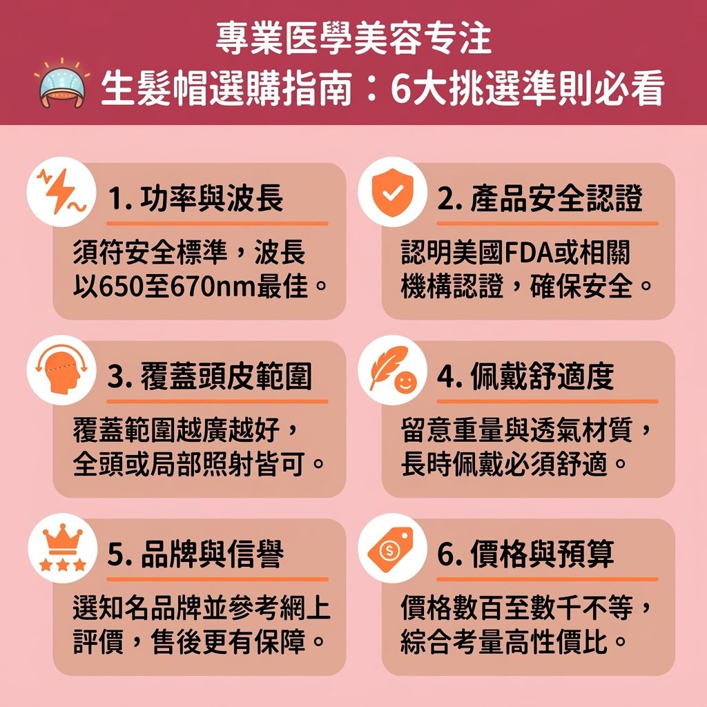這是一張台灣健康部落格風格的 1:1 正方形資訊圖表，詳細介紹了生髮帽的選購指南。許多人深受基因影響，出現雄性禿、M字額與脫髮問題，導致額頭變高與髮線後退。為了尋找高額頭改善方法與拯救寬額頭，大家常積極探討髮線後移原因。
日常中，除了依靠高額頭髮型推薦、修飾高額頭瀏海（例如學習胎毛瀏海剪法來打造胎毛瀏海），或是運用髮際線修飾技巧來隱藏髮際線後移，許多人會使用髮際線粉推薦名單中的髮際線粉與陰影粉來遮蓋M字額與增加髮量視覺效果。這些方法雖然能改善臉型比例、修飾五官及額頭高面相，但無法真正解決頭髮稀疏。
對於女性髮線後移或需要挽救髮際線的人，生髮帽能大面積照射頭皮，深入髮根與毛囊。配合生髮水使用，有助於刺激毛囊生長與進行毛囊萎縮治療。想要達到髮際線下移並增加真實髮量，除了外在的髮型修飾，更應尋求皮膚科醫生的建議。若脫髮嚴重，可考慮植髮手術及相關的植髮療程推薦，全方位對抗脫髮危機。