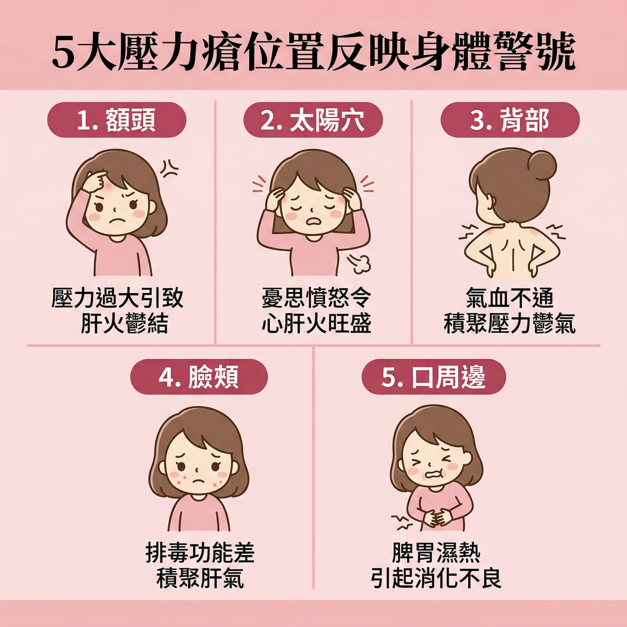 這是一張正方形的可愛扁平化醫美資訊圖表，詳細解析因情緒與睡眠不足引起的壓力瘡生長位置與身體警號。圖表指出，當面對壓力時，自律神經失調會刺激皮質醇與荷爾蒙分泌，影響內分泌，促使皮脂腺分泌過多油脂。若加上角質層增厚，會造成毛孔堵塞，滋生痤瘡桿菌，進而誘發暗瘡、粉刺甚至紅腫的石頭瘡。

圖表以人體部位分類：額頭長瘡代表肝火盛；太陽穴與背部反映氣血不通；臉頰代表排毒差；而下巴及口周邊則顯示腸胃濕熱。

為對抗這些問題，日常應放鬆心情、舒緩壓力、改善睡眠質素以調節生理時鐘並調理內分泌。護膚方面，切忌亂用護膚品，應注重溫和潔面與深層清潔來疏通毛孔及預防毛孔堵塞。配合正確護理能抑制油脂分泌、減少皮脂分泌，達致水油平衡。若已經長痘，千萬要避免擠壓，並做好消炎殺菌與減輕發炎紅腫。

為了長效預防復發、淡化暗瘡印、改善粗糙膚質、促進新陳代謝以及刺激膠原增生，圖表強烈推薦完美醫療的專業暗瘡分手療程，從根本解決肌膚與壓力帶來的煩惱。