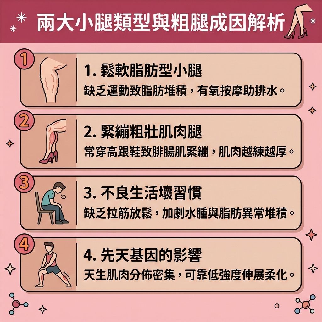 這是一張 1:1 正方形的扁平化向量資訊圖表插畫,嚴格採用台灣健康部落格懶人包風格。圖表以可愛、具教育性與醫美感的方式解析「兩大小腿類型與粗腿成因解析」,底部保持純淨無字並無縫應用背景色。
圖表深入探討改善粗壯小腿與消除蘿蔔腿的關鍵。日常中常穿高跟鞋,或缺乏矯正走路姿勢的觀念,極易導致小腿的腓腸肌與比目魚肌過度緊繃,進而增加肌肉量並造成過度肌肉充血。面對肌肉腿,正確的減小腿肌肉方法至關重要。必須透過正確的小腿拉筋動作、日常拉筋與伸展運動來放鬆緊繃肌肉並減少肌肉充血,同時保護脆弱的阿基里斯腱。搭配正確的瘦小腿按摩技巧,能有效促進血液循環並疏通淋巴系統,達到排毒去水腫與消除下肢水腫的功效。
針對脂肪型小腿,囤積過多的皮下脂肪與脂肪細胞則需要透過規律的有氧運動,並控制熱量攝取以創造熱量赤字。適度補充優質蛋白質能提升新陳代謝,助您順利突破減肥停滯期。
若渴望更快速改善腿部線條與塑造筆直長腿,圖表特別收錄了醫學美容領域的醫美瘦小腿推薦:包含注射肉毒桿菌(即俗稱的瘦腿針),可發揮極佳的肉毒瘦小腿效果;亦可選擇微波溶脂等先進的無創溶脂技術與局部減脂療程,精準擊退頑固脂肪。這些療程能全面促進血液循環,為您打造完美體態!